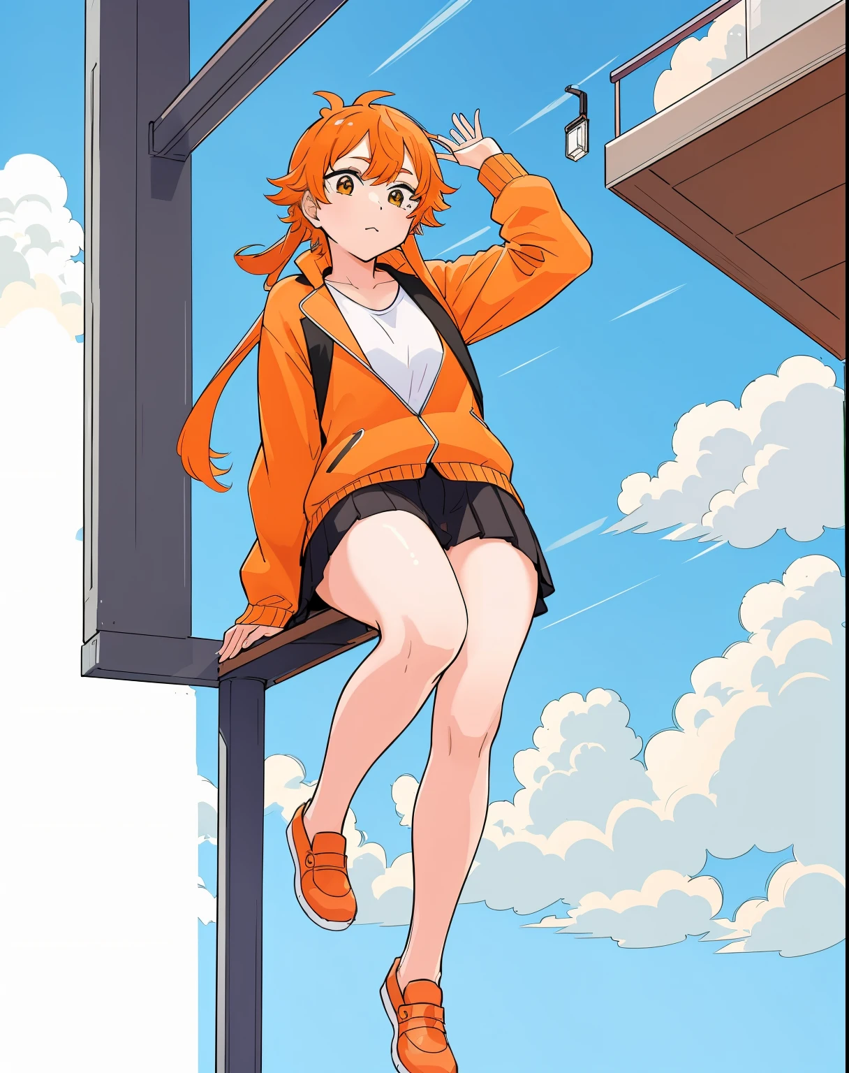 ((masterpiece)), (best quality:1.7), (detailed:1.4), (high res:1.4), 8k, (colorful:1.5), 2d, high resolution, sharped image, 4k, hd, 1girl, (((solo))), chita_(yancha gal), full body, small breast, orange jacket, black skirt, school shoes, orange hair, sky, clouds, long legs, street, standing, (((large legs))), adult character, buildings, sitting, on a edge,