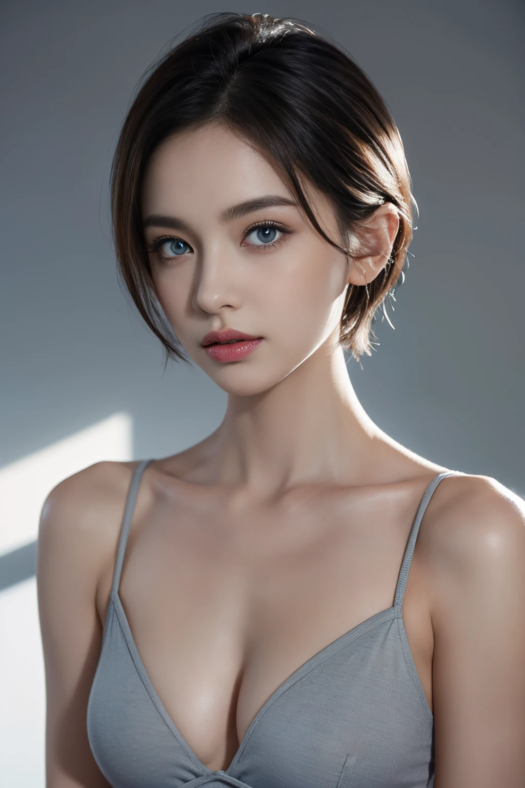 Skin Tight Top:1.2, Looking at Viewer, Cinematic lighting, Perfect, softlight, High resolution skin:1.2, Realistic skin texture, No makeup face,Small face、 off shoulders,Bust B Cup、 Exposed cleavage, Blue eyes, Short hair,fullnude、Light gray background