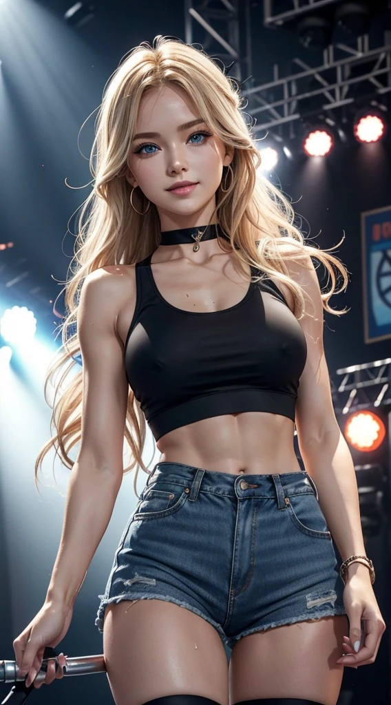 A 23-year-old white woman with unparalleled beauty.、blue eyess、dark blonde、hair is wavy、Longhaire、The ends of the hair are curled upwards、Singing passionately on stage at a music festival venue, dripping with sweat as he grips a microphone stand.、a smile、View from the front、She is wearing a black sports bra made by a sports manufacturer.、wearing a black choker、I&#39;m wearing hot pants made of jeans fabric with tight distressing.、The navel is out、My abs are cracked、Slender yet well-proportioned muscular body、sunlight is shining from above、Photorealistic images、8K picture quality、I&#39;m punching my chest、I don&#39;t want my head to disappear from the screen.、The color of the jacket is random、I&#39;m wrapping my jacket around my waist、I'm pulling my hair up、Wearing accessories on your wrist、Only one leg is wearing thigh-high orange stockings.