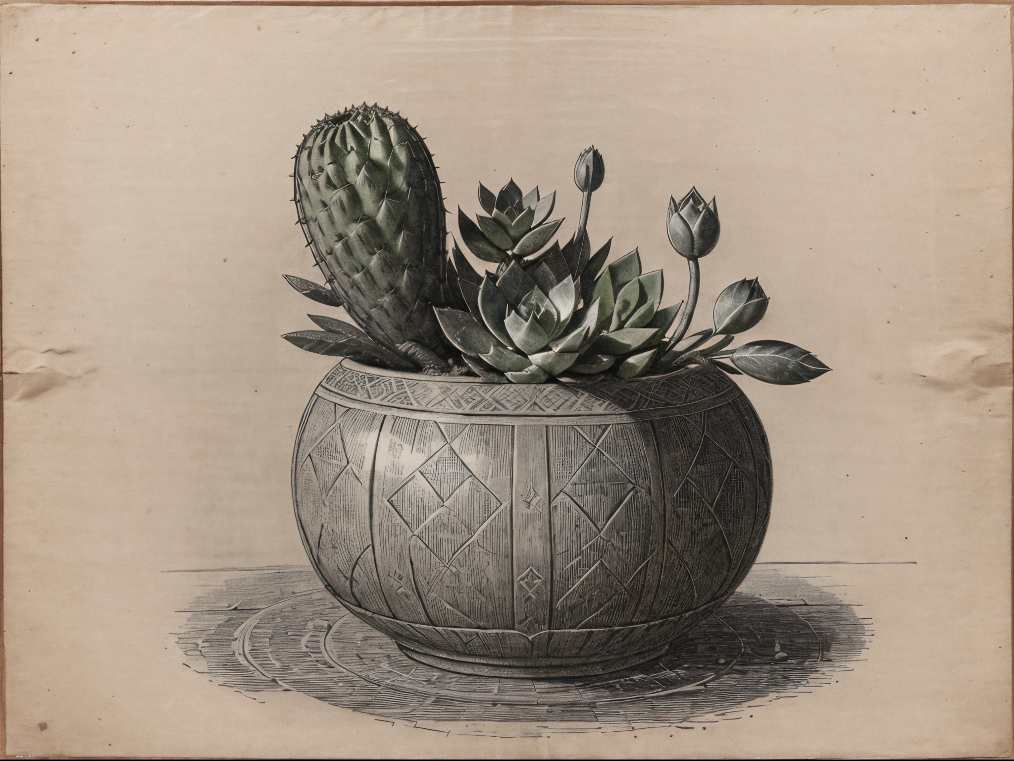 antique engraving of a succulent, Old, 9th century era, Calm tones, lithography, Kraft Paper, graphite
