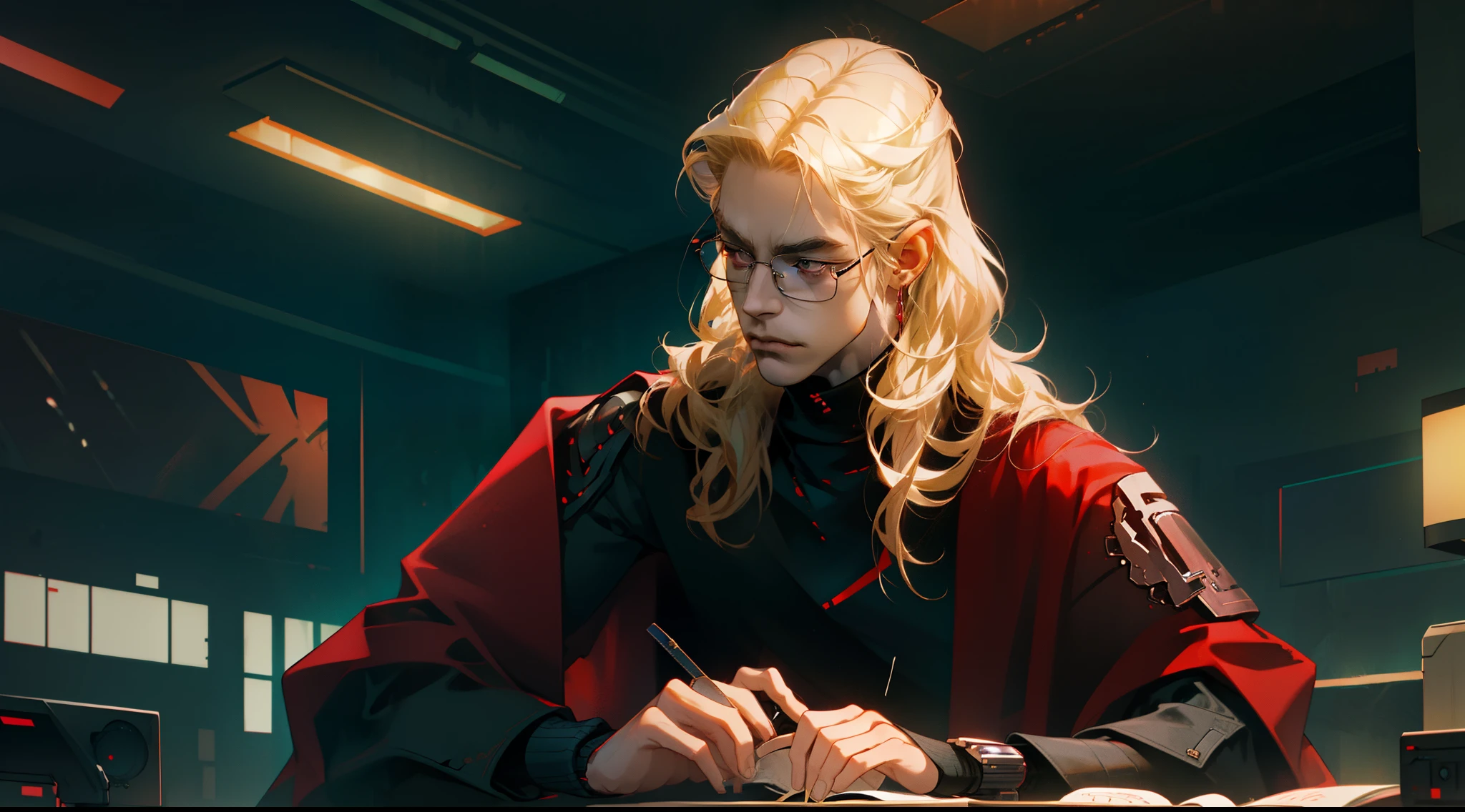 NSFW, tmasterpiece, beste-Qualit, Ultra-detailed, semi-realistic, Detailed facial features, 1boy, blond, hairlong, eyeglasses, red-eyes, Cyberpunk clothes, Indoors, looks at the monitor, black turtleneck, Neat hands, grown up, 4k