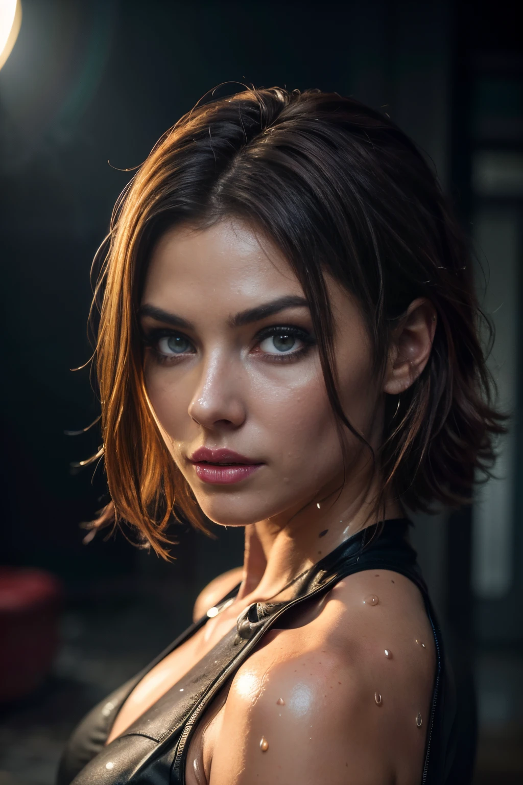 (best quality,4k,8k,highres,masterpiece:1.2), ultra-detailed, (realistic,photorealistic,photo-realistic:1.37), beautiful detailed eyes, beautiful detailed lips, extremely detailed face, long eyelashes, flawless skin, exquisite facial features, radiant complexion, captivating gaze, alluring smile, sensual lips, dark fantasy, a beautiful woman, finely crafted facial Rayne from game the BloodRayne features, intricate brush strokes, beautiful lighting, Cinematic, Color correction, stylized anatomy, short red hair, full body, evil smile and a look from under the brows, sensual atmosphere, artistic lighting , (cool colors), damp, reflections, (masterpiece) (perfect aspect ratio), (realistic photo), (best quality), (detailed) photographed on a Canon EOS R5, 50mm lens, F/2.8, HDR, (8k) (wallpaper) (cinematic lighting) (dramatic lighting) (sharp focus) (intricate), RAW photo, RAW photo, gigachad photo, posing for camera, black jeans, arms behind, 8k uhd, dslr, high quality, film grain, Fujifilm XT3, extremely detailed, photorealistic, realistic, incredibly absurd, highly detailed, sharp focus, (Professional Studio Lighting), (Professional Color Grading), Edge Lighting, Dramatic lighting, Cinematic lighting, Lumen reflections, Soft natural lighting, Soft color, Photon mapping, Radiosity, (Beautiful eyes), (Detailed eyes), (Detailed face), symmetrical eyes, sharp eyes, full body), (HIGH LEVEL OF DETAIL),(wet, oil-lubricated), (athletic body), (sweaty),high detailed skin, uncharacterized texture, hyper detailed, realistic skin texture, armor, best quality, ultra high res, (photorealistic: 1.4) high resolution, detailed, raw photo, sharp re, by lee jeffries nikon d850 film stock photography 4 kodak portra 400 camera F1.6 Lens rich colors hyper realistic texture dramatic lighting UnrealEngine trend in Artstation Cinestill 800, veins in the body, (body and fitness).