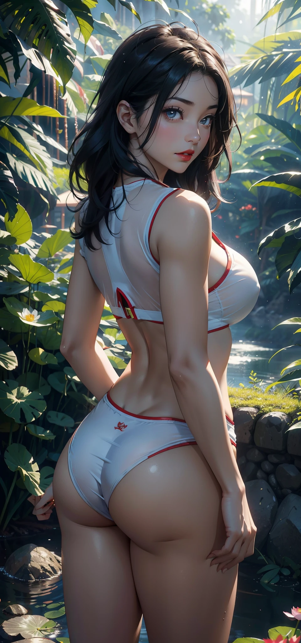 1人の女性，33yo，熟妇，The chest is large，Raised sexy， photo exposure， 独奏，（Background with：the rainforest，lotus flower，Ground area water）Stand deep in the forest， She has short black hair，Redlip，Nakeness girl，dynamicposes，seen from the front， hair straight， The sky is mostly cloudy，（（（tmasterpiece），（Very detailed CG unified 8k wallpaper），Best quality at best，电影灯光，detailed back ground，beautidful eyes，Bright pupils，（very delicate beautiful），（Beautiful and detailed eye descriptions）黑The eye，Redlip，ultra - detailed，tmasterpiece，）），facing at the camera，（Upper part of the body），A high resolution，ultra - detailed），revealing breasts，Bare genitals，  convex，Genital leakage，incontinence，legs are open，sexyposture，Camel toes，Supergirl（dressed in：，nakeness，Superman uniform） ，Bare lower body