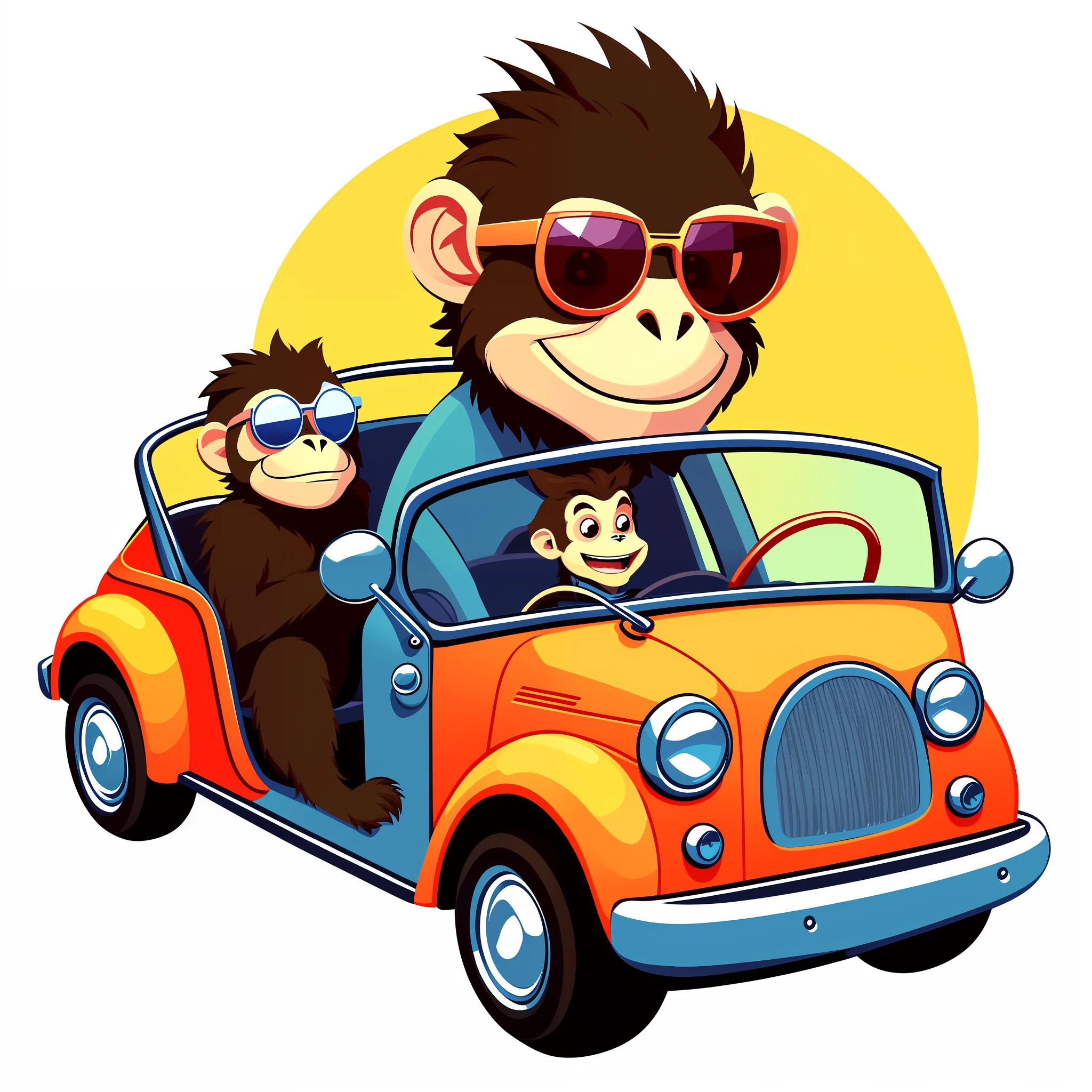 monkey driving a car with sunglasses on, driving a green car, the creature sits in a car, cartoon style illustration, humanoid monkey fantasy race, looking heckin cool and stylish, stylized digital illustration, driving a hotrod, monkey, bigfoot wearing sunglasses, driving in a little toy car, retro style art, driving, inspired by Alex Petruk APe, mascot illustration
