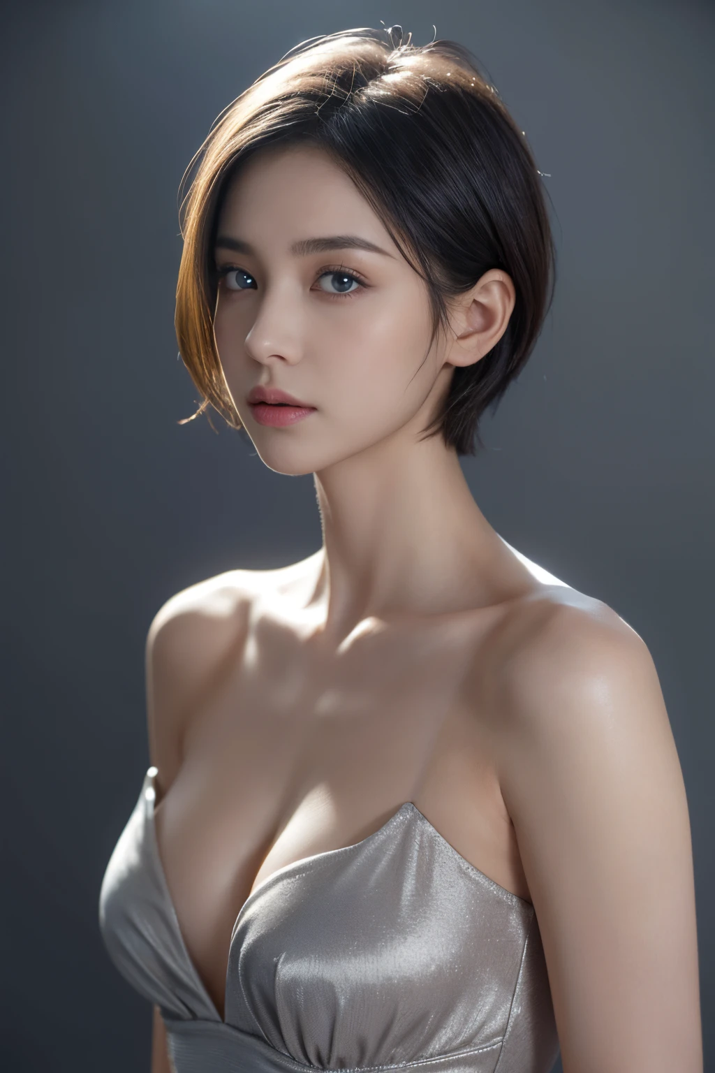 Skin Tight Top:1.2, Looking at Viewer, Cinematic lighting, Perfect, softlight, High resolution skin:1.2, Realistic skin texture, No makeup face,Small face、 off shoulders,Bust B Cup、 Exposed cleavage, Blue eyes, Short hair,fullnude、Light gray background