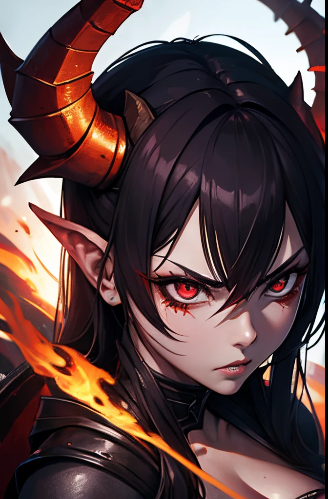 A Hyperrealistic, Female Demon warrior at hell, Perfect Body, Perfect Face, Angry