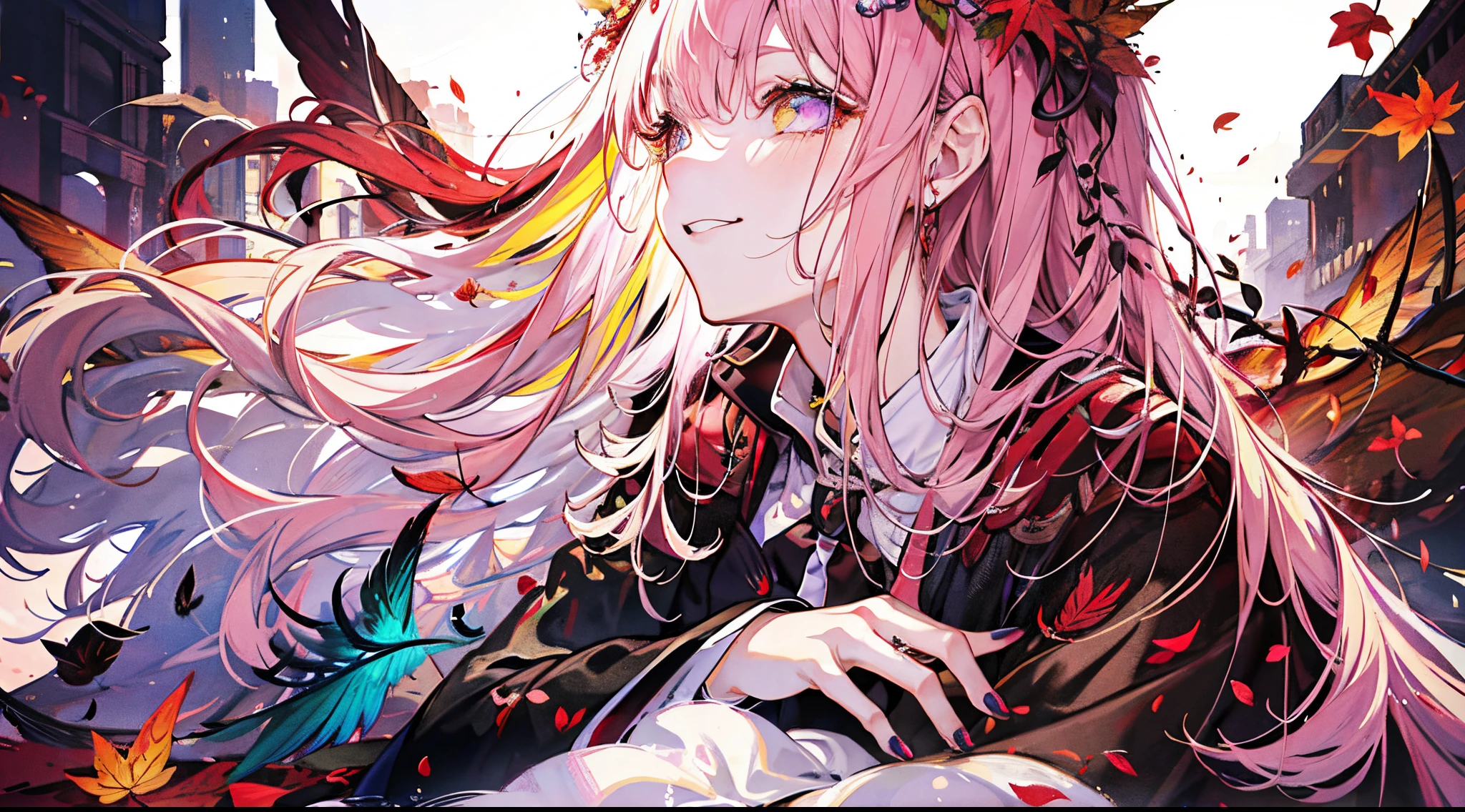 ((tmasterpiece:1.4,Best quality))+,(hyper-detailing)+,(Ultra-detailed eyes)+,(winged ears:1.5),
(cute girls),15year old,(Crimson pupils:1.15),Long dark blond hair,long braid,Bushy hair(wariza:1.2),pale-skinned,seduct smile,red rhombus crystal,red bird feathers,vacant eyes,Black lips
(She wears conservative red and yellow clothes,Green pattern,:1.5),(Dead Leaf Cloak:1.4)The sleeves are long,Red bird feather headdress,baiyun,A sea of red leaves and rice,Dream bubbles,black fingernails,red leaf crown,red apple,Red Lotus,leather pant,Purple grapes,Whole body diagram
(bird feathers:1.1),
(dawn light:1.2),
(Thick black and white:1.16),(depth of fields:1.4),,Complicated details,