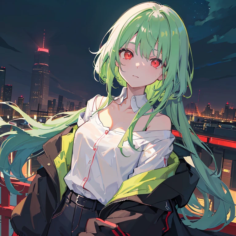 1girl in, 独奏, Lori, 小柄,(night_sky), (very_long_green_hair), Braids, (red_eyes), medium_breasts, (white_shirt:1.5), (windbreaker), (off_shoulder:1.2), (portlate), glowing_eyes, background_light, (Cityscape:1.5), (neon_lights:1.2), (scienc), cyberpunked, ((​masterpiece)), (Hi-Res), (best_quality), (highly_detailed), (original),(Delicate background),(Very detailed 8k wallpaper),cinematlic lighting, Volume Lighting, light Particle, shaded_face, beautiful_detailed_eyes, depth_of_field、point of view、