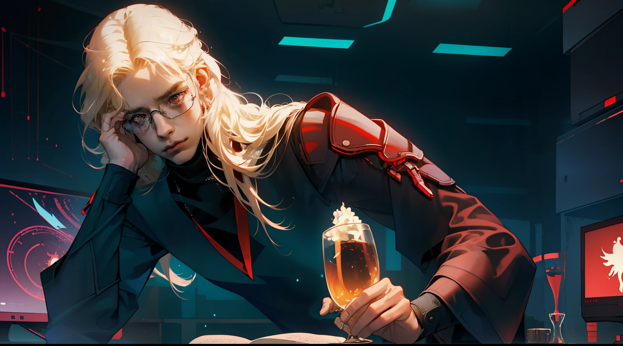 NSFW, tmasterpiece, beste-Qualit, Ultra-detailed, semi-realistic, Detailed facial features, 1boy, blond, hairlong, eyeglasses, red-eyes, Cyberpunk clothes, Inside the blue and white room, in the lab, brightly, looks at the monitor, black turtleneck, Neat hands, grown up, 4k