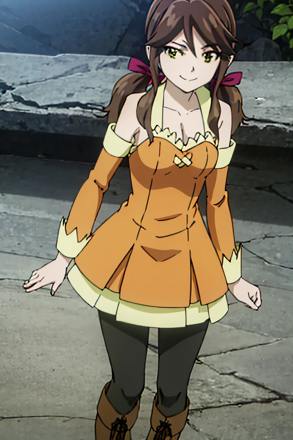 ZERA, LONG HAIR, BROWN HAIR, TWINTAILS, (GREEN EYES:1.5), LOW TWINTAILS, DRESS, RIBBON, BARE SHOULDERS, PANTYHOSE, BOOTS, DETACHED SLEEVES, BLACK PANTYHOSE, BROWN FOOTWEAR, KNEE BOOTS, ORANGE DRESS, 1girl, solo, facing viewer, looking at viewer, upper body, smile,