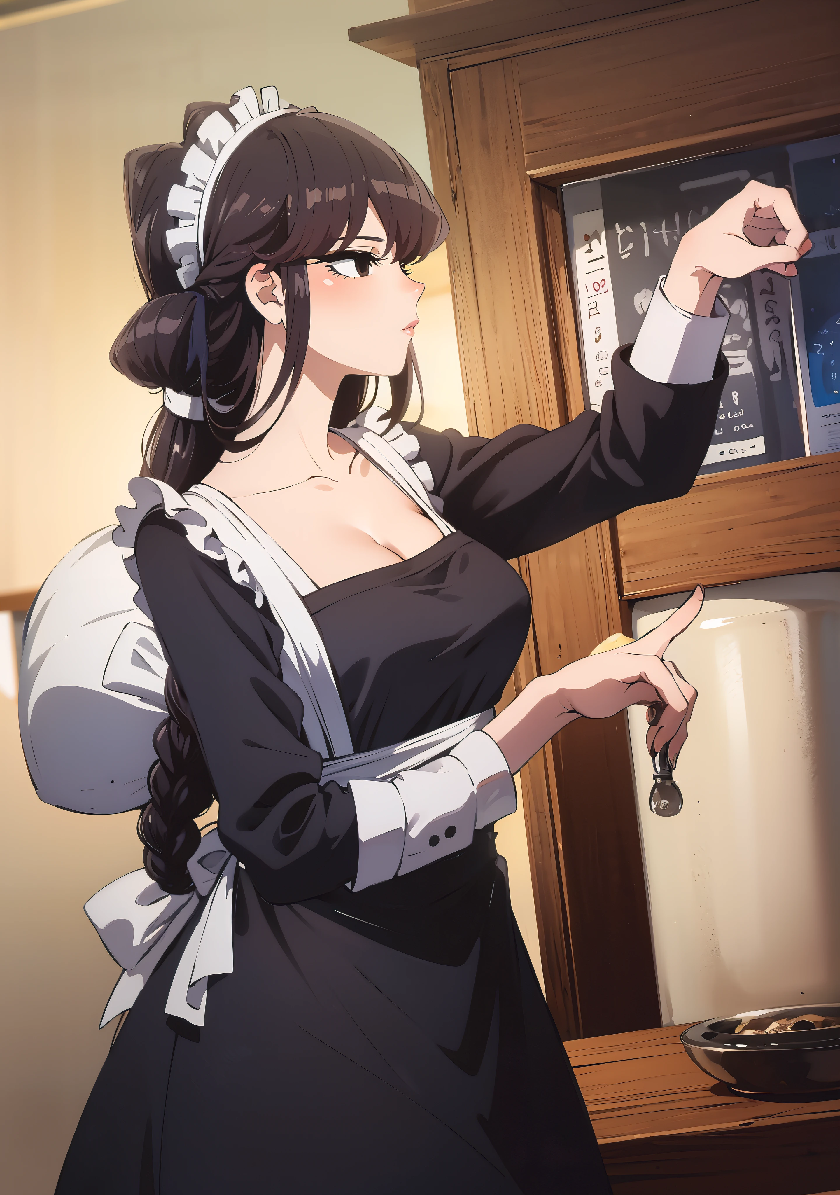 anatomically correct, best quality, masterpiece, high quality, high details, highres, HD, (shaded face:1.2), hollow eyes, black eyes, looking at viewer, expressionless, long hair, black hair, breasts, long_hair, 1girl, apron, maid, maid_headdress, kitchen, maid_apron, profile, solo, brown_hair, indoors, maid_dress, tiles, dress, pot, breasts