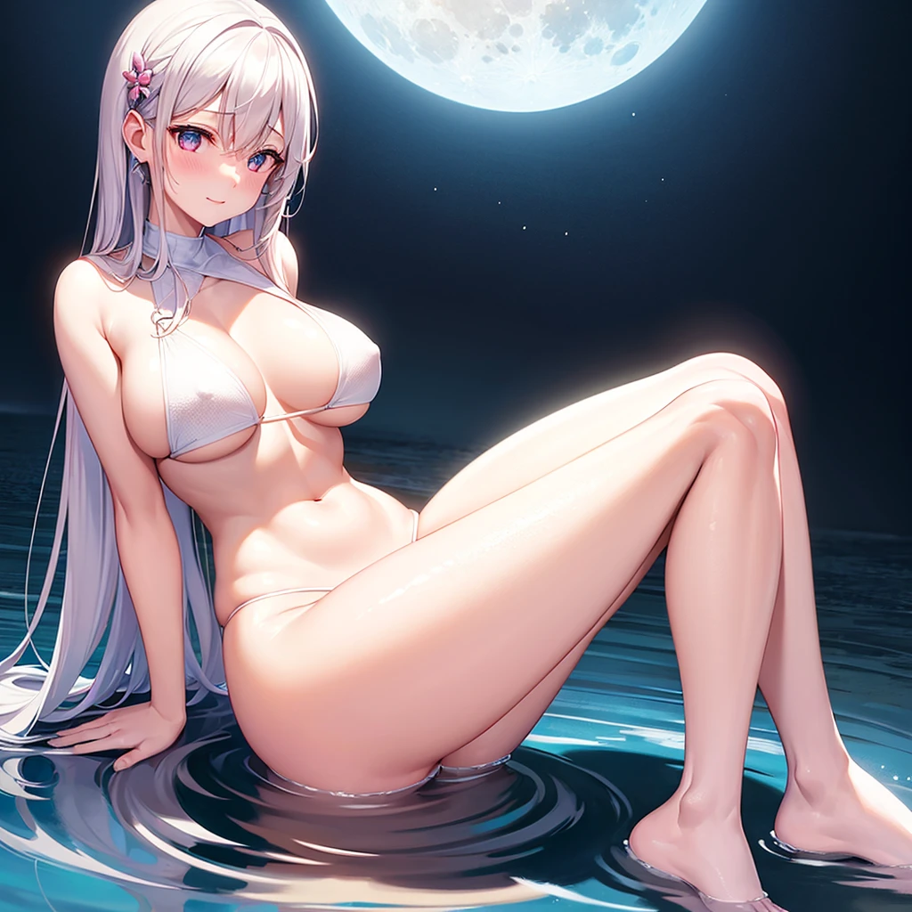 1 girl、beauitful face、sexyposture、Spread your legs slightly、White undercoat、white moon on background、As estrelas、bigger、(Light room:1.13)、gentlesoftlighting、(Natural skin texture:1.2)、(ultra-realistic realism:1.2)、lock focus、Sitting by the sea,knee bend、Hips facing me,,just two legs,Butt sitting in the sea,Butt contact with water,Real feet and hands,spread your legs,shy shy expression,Slender legs and waist,Wearing a light white bikini(Soaked),soaking,perspired,The whole body was soaked,Best quality at best, 超高分辨率, (realisticlying:1.4), 1个Giant Breast Girl, nakeness,Pink nipples, ssmile, exposed bare shoulders, White skin of the,フォトンマッピング, physically-based renderingt, 详细的脸,Glossy glossy skin