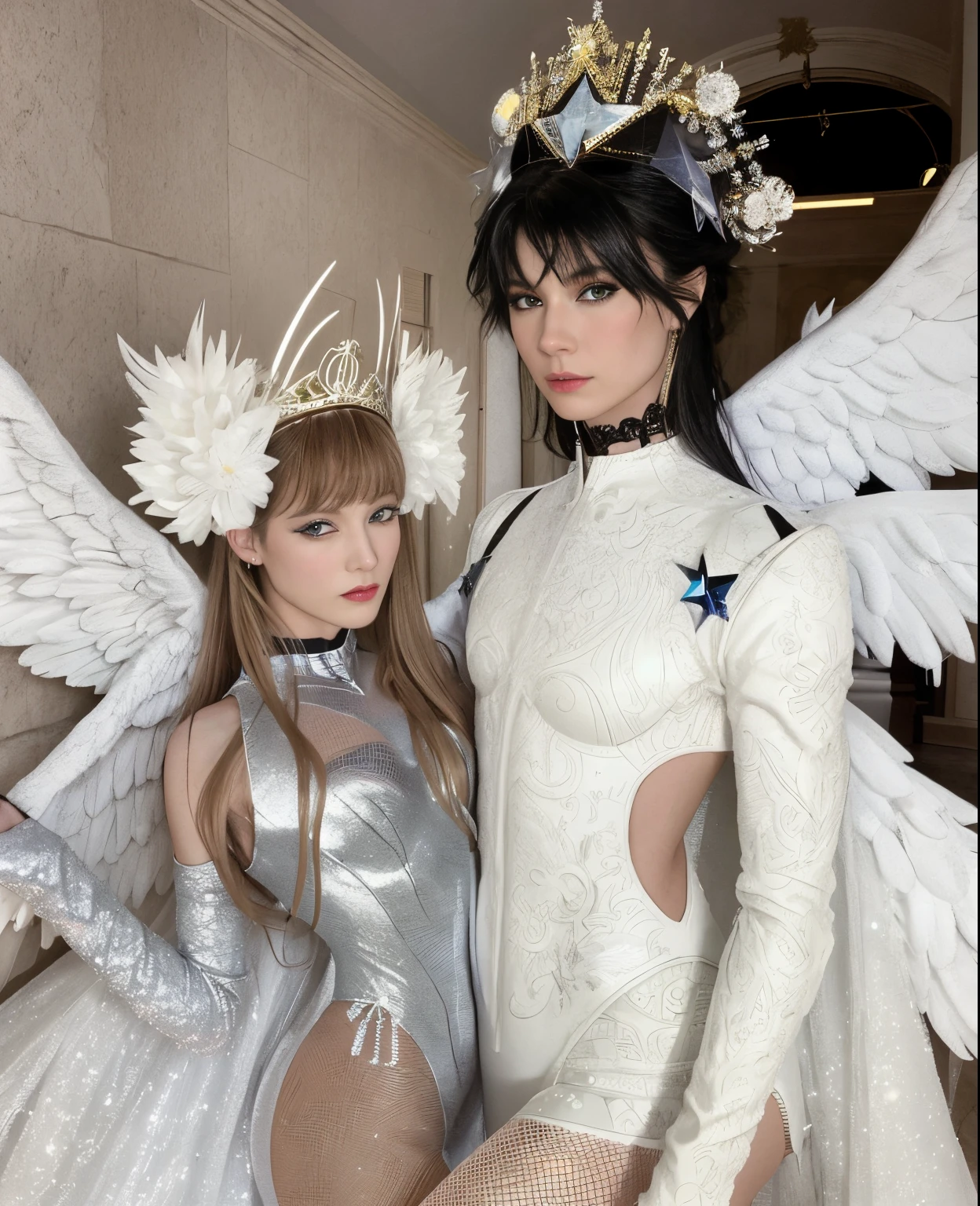 il y a deux personnes déguisées en costumes qui posent pour une photo, inspiré par Hedi Xandt, inspiré par Louis Le Nain, thierry mugler, inspiré par David LaChapelle, Inspiré par Hajime Sorayama, Sur le thème des anges, par Marie Angel, Sur le thème des anges, inspiré de Louis Hersent, Sakimichan et Frank Franzzeta