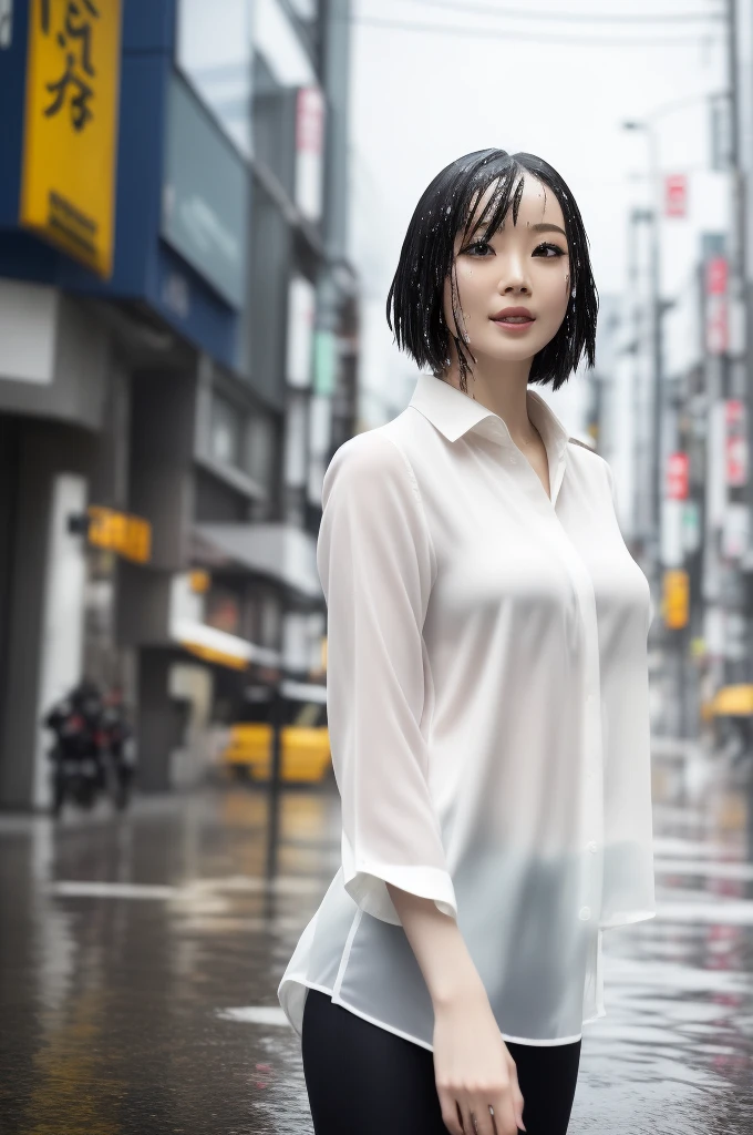 It was raining a while ago, but now it's sunny ,super realism.dynamic situation,me wet in the rain, very wet my white blouse, (Best Quality, 8k, 32k, Masterpiece, UHD: 1.2), Japan Beauties, Big, Very Short Bob Hair, Upper Body, Face Focus, blouse, crowded tokyo street , Watch Viewers