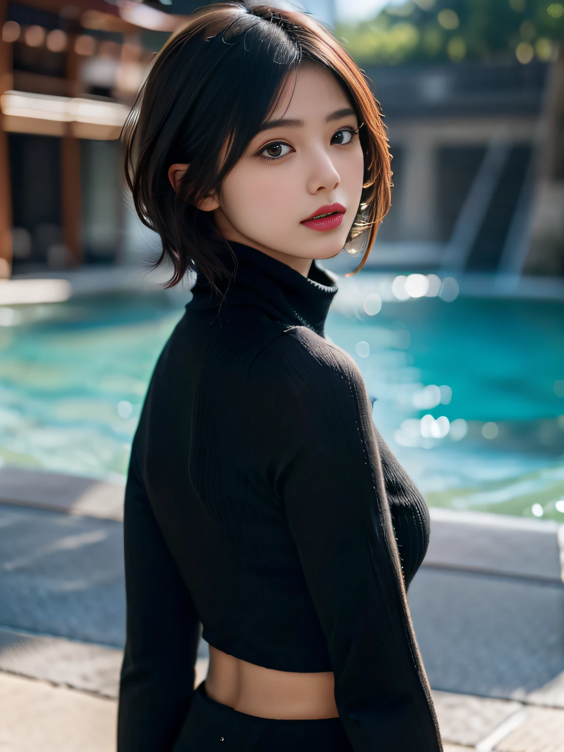 Back of the head of a woman wearing a turtleneck, top-quality、hyper HD、奈良美智, Japanese Models, Beautiful Japan Girl, With short hair, 27-year-old female model, 4 k ], 4K], 27yo, sakimichan, sakimichan