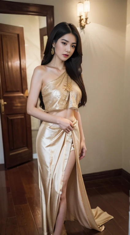 Detailed faces, Clear Face, beautiful girl, (((See the whole body..., Long slender legs...))), Asian makeup, Red lips, Black Hair, (((very long hair, Extra long hair, Hair is floor-lengthened...))), Medium body, Big breasts, super large breasts,(((emphasis on breasts, breast augmentation))), Thai angel costume, antique, Traditional Thai costumes, HD, Full body , The stomach was visible...., I see beautiful legs., Toes digging into the floor, Evening Light, old house backdrop, Look straight ahead.....