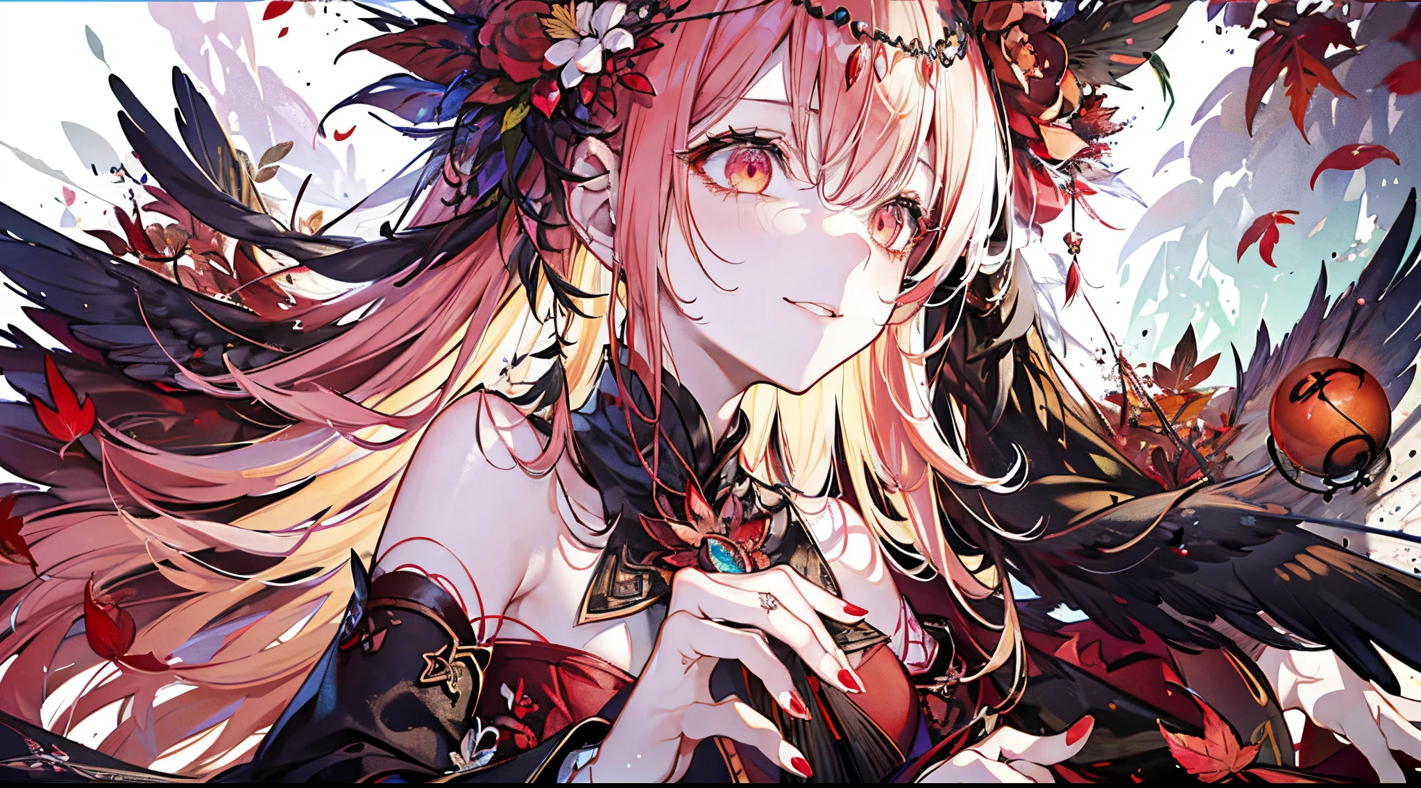 （（tmasterpiece：1.4，Best quality at best））+，（hyper-detailing）+，（Ultra-detailed eyes）+，（winged ears：1.5），
（cute girls），15year old，（Crimson pupils：1.15），Long dark blond hair，long braid，Bushy hair（wariza：1.2），pale-skinned，Seductive smile，red rhombus crystal，red bird feathers，Empty eyes，Black lips
（She wears conservative red and yellow clothes，Green pattern，：1.5），（Dead Leaf Cloak：1.4）The sleeves are long，Red bird feather headdress，baiyun，A sea of red leaves and rice，Dream bubbles，black fingernails，red leaf crown，red apple，Red Lotus，leather pant，Purple grapes，
（bird feathers：1.1），
（dawn light：1.2），
（Thick black and white：1.16），（depth of fields：1.4），，Complicated details，