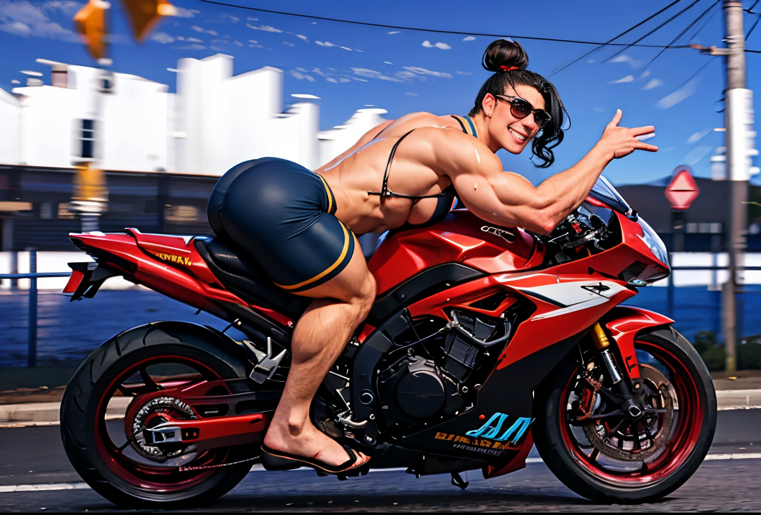 (1boy), NSFW, full body, (girly boy), (bishounen), androgynous, (((muscular))), (((muscular male))), curvy, plump, tan, dark skin, strongman waist, bara, {manly}, (((fabulous))), shaka sign, motorcycle, on motorcycle, riding, >:), smile, arched back, (((((road))))), (((speed lines))), (((motion lines))), (((motion blur))), (((wind))), (((floating hair))), drifting, shore, blurry background, black hair, (curly hair), short hair, tied hair, hair bun, topknot, chonmage, sidelocks, ringlets, long bangs, wide face, puffy cheeks, huge eyebrows, unibrow, amber eyes, long nose, big nose, freckles, body freckles, long eyelashes, eyeliner, fat mons, (((huge thighs))), (((((bulge))))), (((huge ass))), thick lips, sweat, (((flat chest))), (((large pectorals))), (((manboobs))), sanpaku, broad shoulders, abs, obliques, love handles, {belly}, (butt crack), ass peek, no shirt, shorts, flip flops, sports sunglasses, headband, tight clothes
