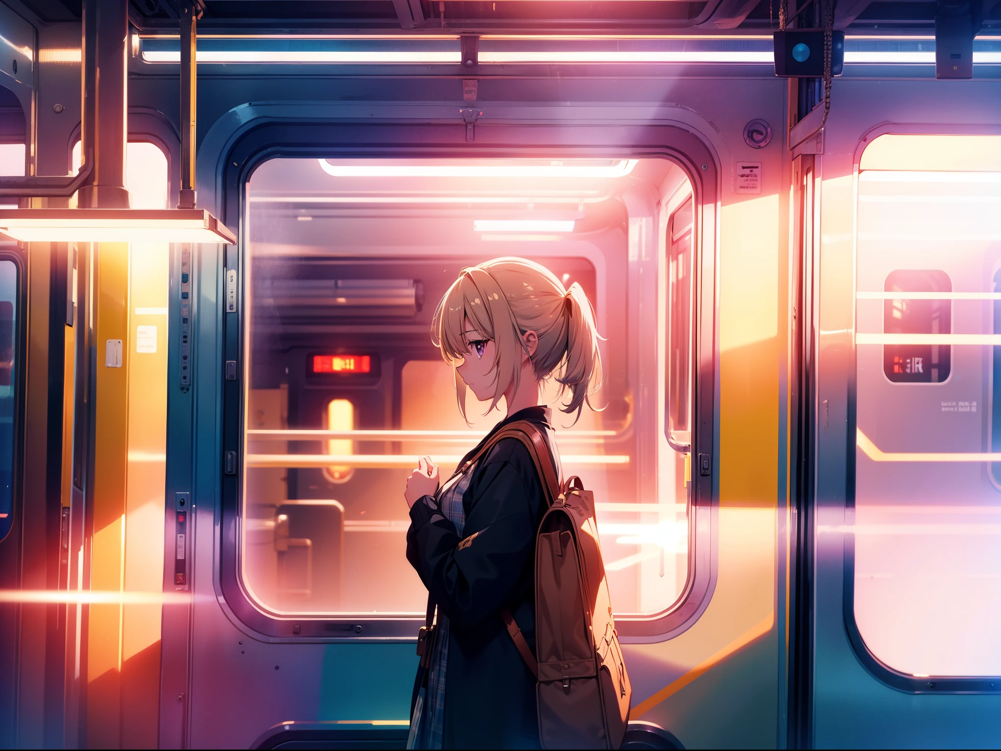 1 cute girl , in train, ((leaning)), looking away , cowboy shot , character focus, (cinematic angle), Dutch angle , cinematic lighting, sunset, high resolution ,(incredibly absurdres) ,extremely detailed CG unity 8k wallpaper, ((masterpiece)), ((top-quality)), (beautiful illustration), ((an extremely delicate and beautiful))
