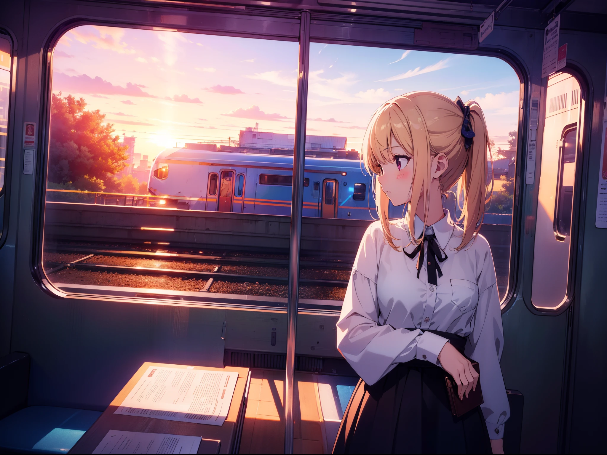 1 cute girl , in train, (leaning), looking away , cowboy shot , character focus, (cinematic angle), Dutch angle , cinematic lighting, sunset, high resolution ,(incredibly absurdres) ,extremely detailed CG unity 8k wallpaper, ((masterpiece)), ((top-quality)), (beautiful illustration), ((an extremely delicate and beautiful))