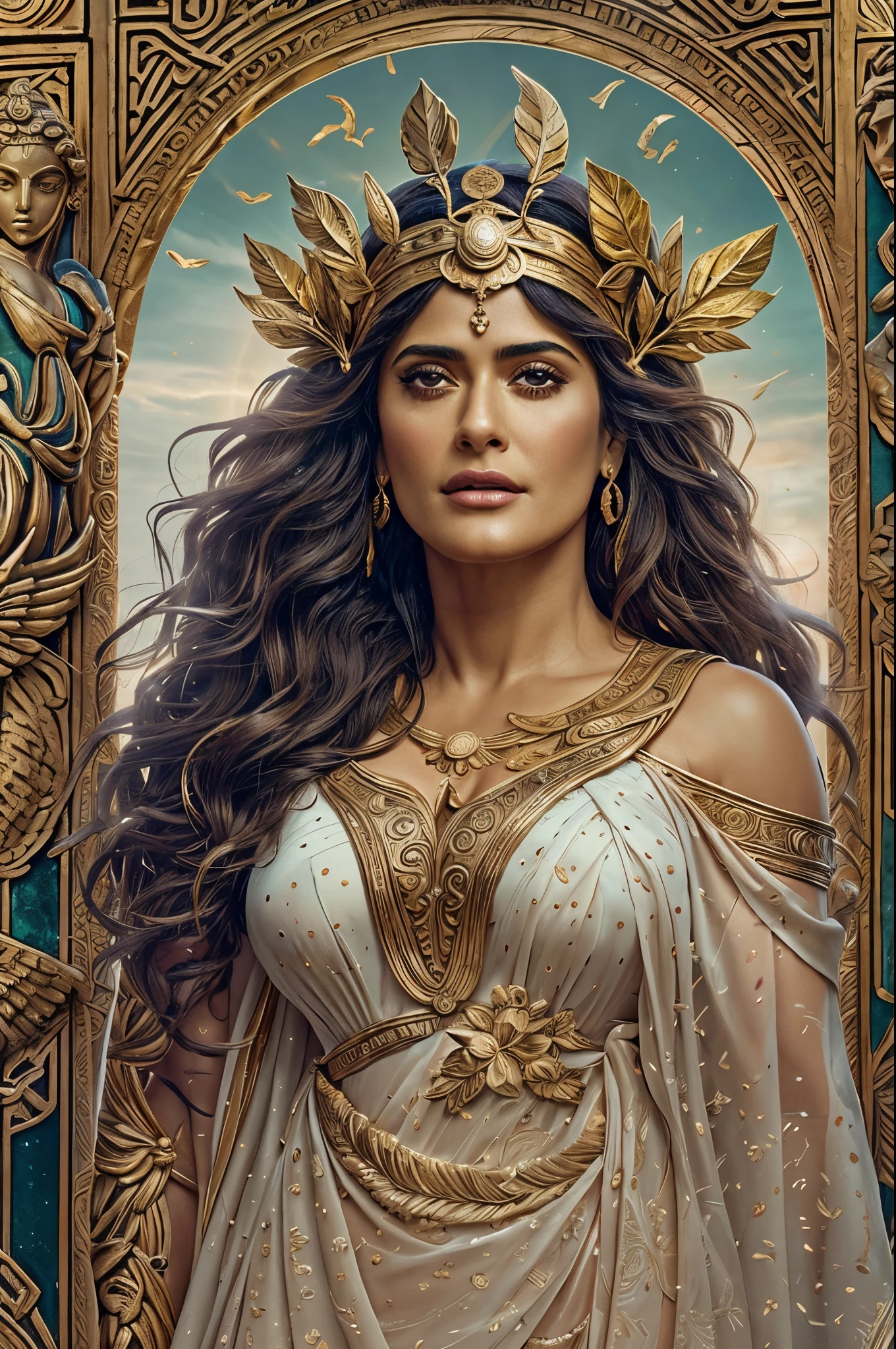 "Generate an AI-inspired image that transforms Salma Hayek into a majestic Greek goddess. Envision her draped in ethereal robes adorned with symbols of ancient Greek mythology, embodying grace and power. Imagine a celestial setting with divine light illuminating her, as she stands with an air of regality. Incorporate elements inspired by classical Greek artistry, such as laurel wreaths or ancient scrolls, to add authenticity. Use a harmonious color palette that reflects the elegance and timelessness associated with Greek mythology. The final image should be a visual representation of Salma Hayek as a mythical goddess, seamlessly blending her modern allure with the divine presence of ancient Greek deities."