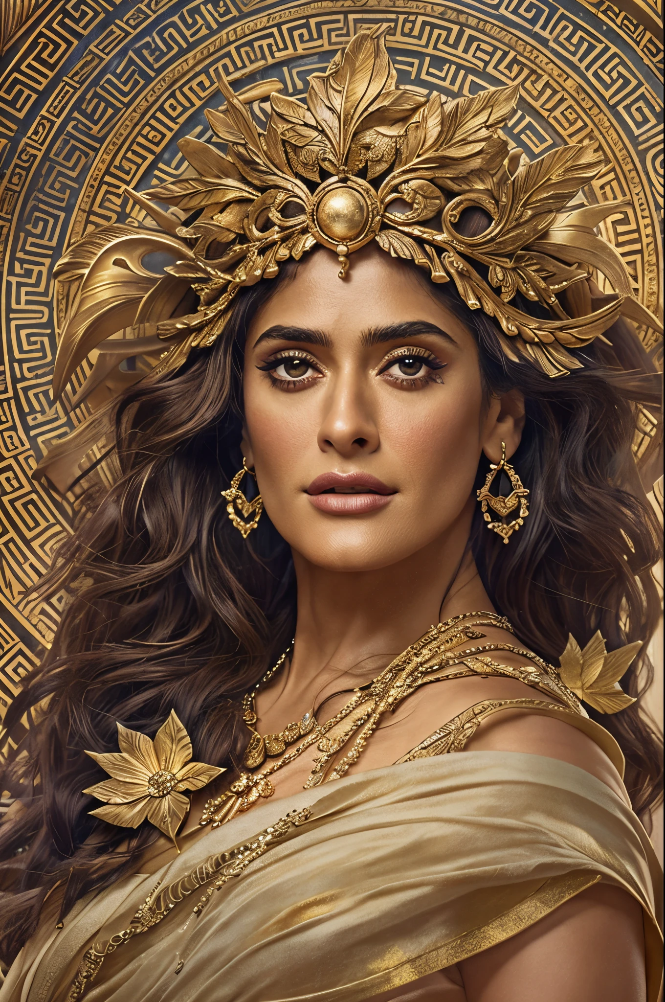 "Generate an AI-inspired image that transforms Salma Hayek into a majestic Greek goddess. Envision her draped in ethereal robes adorned with symbols of ancient Greek mythology, embodying grace and power. Imagine a celestial setting with divine light illuminating her, as she stands with an air of regality. Incorporate elements inspired by classical Greek artistry, such as laurel wreaths or ancient scrolls, to add authenticity. Use a harmonious color palette that reflects the elegance and timelessness associated with Greek mythology. The final image should be a visual representation of Salma Hayek as a mythical goddess, seamlessly blending her modern allure with the divine presence of ancient Greek deities."