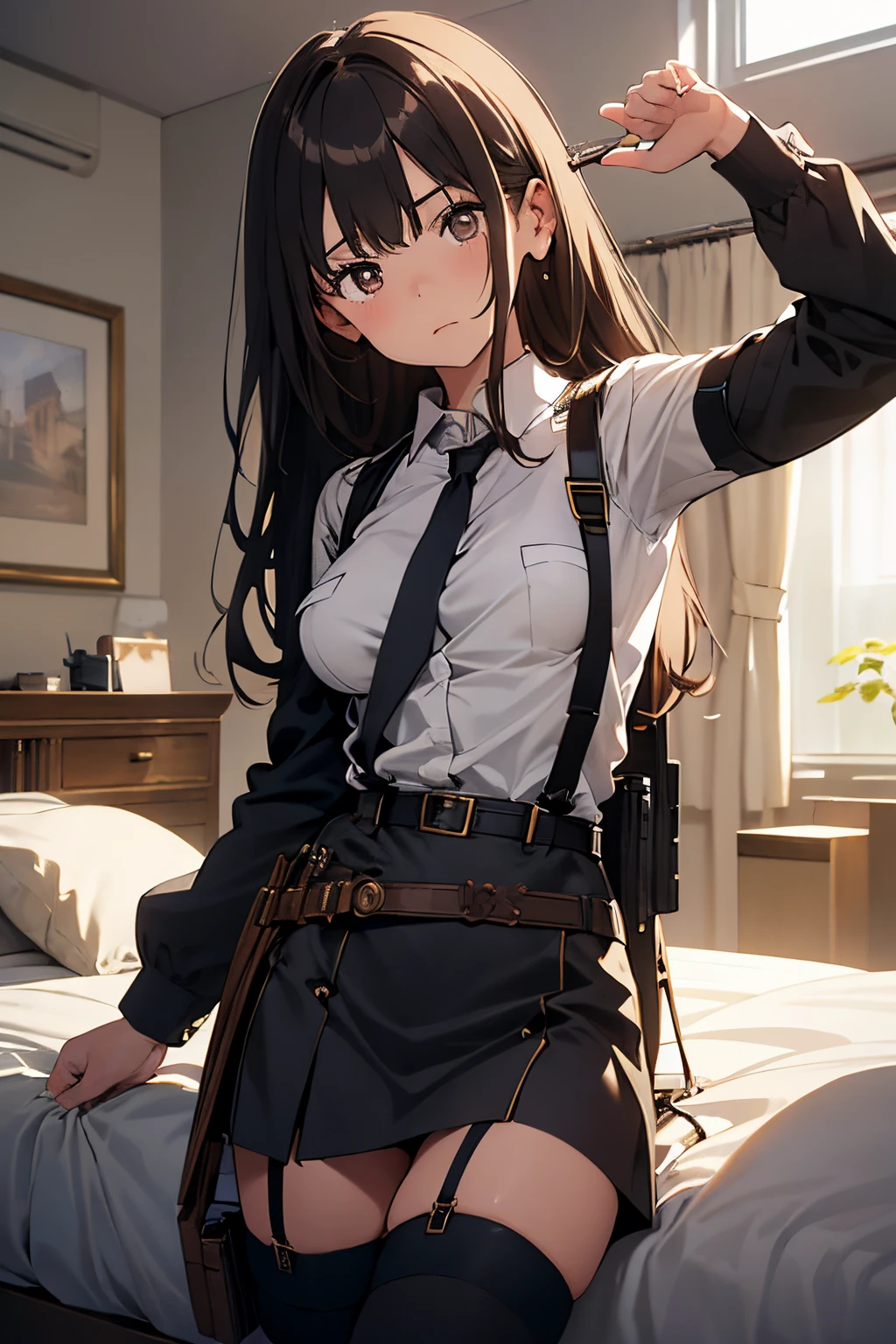masterpiece、flat-colors、depth of fields、lens flare 1 girl、、Brown hair、watching at viewers black suspenders Bulging big breasts walls: Black miniskirt garters Gaze Small face bangss holster Belt Armament Beautuful Women srestrained hands up Lying in bed Leg holster lying on the bed Side view, legs spread