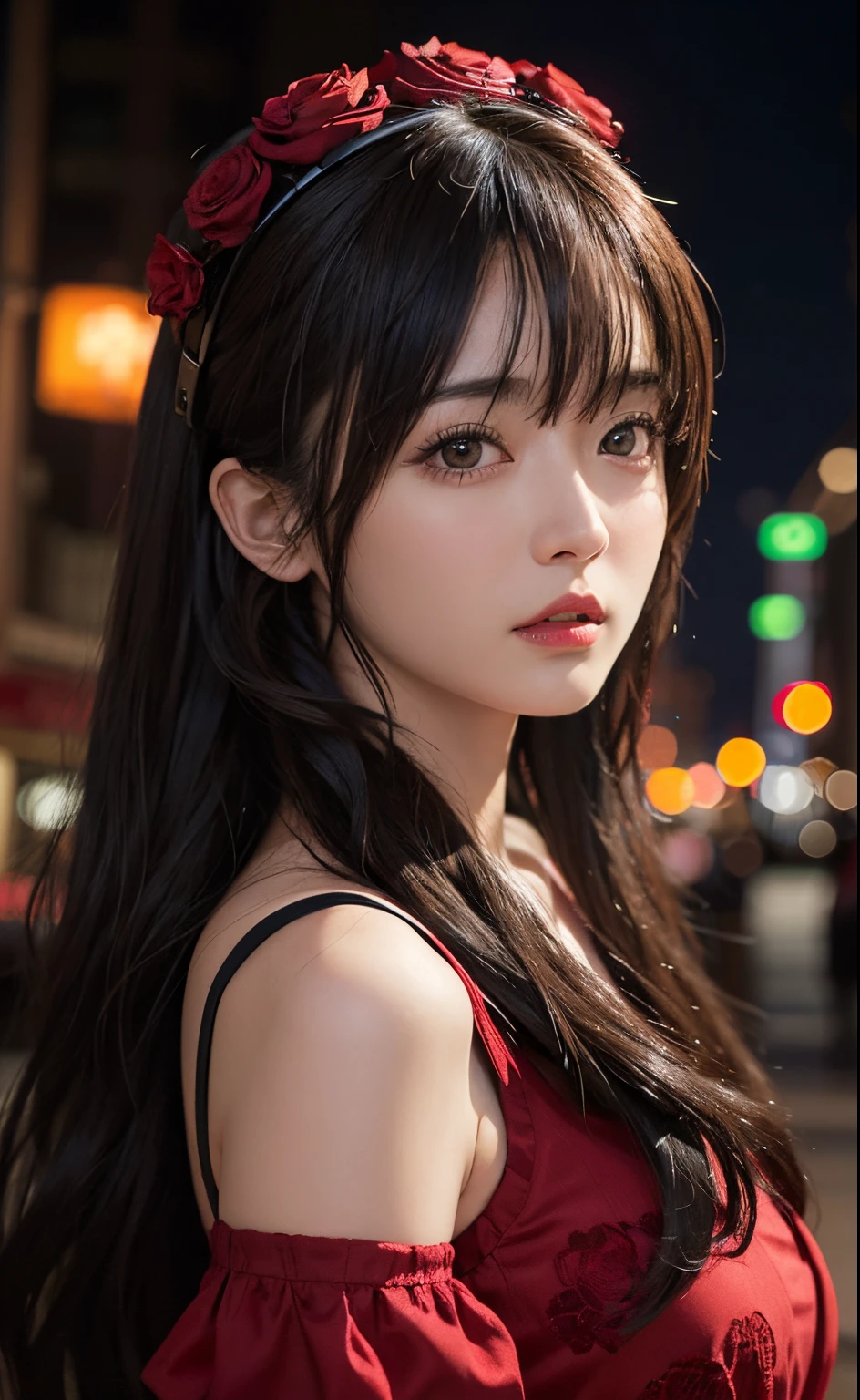 1girl, Tokyo street,night, cityscape,city lights, upper body,close-up, 8k, RAW photo, best quality, masterpiece,realistic, photo-realistic,headgear of red rose, parted bangs, long hair,