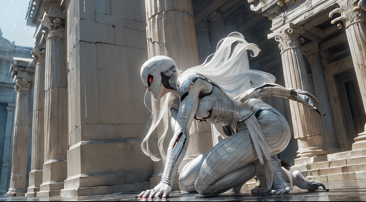 (Extreme Detail CG Unity 8K wallpaper, masterpiece, highest quality), (Exquisite lighting and shadow, highly dramatic picture, Cinematic lens effect), a beautiful girl in a white Spider-Man costume, silver gray hair color, long hair, from the Spider-Man parallel universe, Wenger, Marvel, Spider-Man, in the ancient temple, in the rain, very beautiful face, silver claws, dynamic pose), (excellent detail, excellent lighting, wide angle), (excellent rendego on ancient temple, enough to stand out in its class), focus on white Spider-Man costumes, complex spider textures