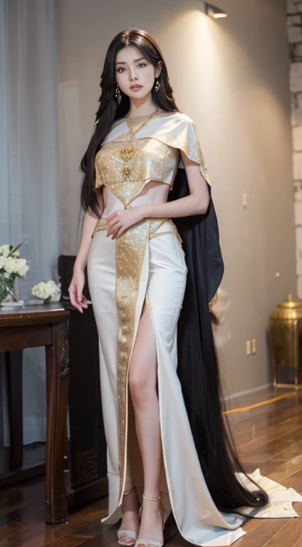 Detailed faces, Clear Face, beautiful girl, (((See the whole body...., Long slender legs....))), Asian makeup, Red lips, Black Hair, (((very long hair, Extra long hair, Hair is floor-lengthened....))), Medium body, Big breasts, super large breasts,(((emphasis on breasts, breast augmentation))), Thai angel costume, antique, Traditional Thai costumes, HD, Full body , The stomach was visible....., I see beautiful legs., Toes digging into the floor, Evening Light, old house backdrop, Look straight ahead......