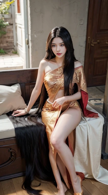 Detailed faces, Clear Face, beautiful girl, (((See the whole body...., Long slender legs....))), Asian makeup, Red lips, Black Hair, (((very long hair, Extra long hair, Hair is floor-lengthened....))), Medium body, Big breasts, super large breasts,(((emphasis on breasts, breast augmentation))), Thai angel costume, antique, Traditional Thai costumes, HD, Full body , The stomach was visible....., I see beautiful legs., Toes digging into the floor, Evening Light, old house backdrop, Look straight ahead......