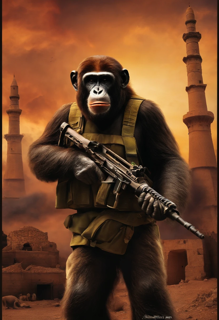 Hezbolah terrorist ape holding a rocket, Syria background