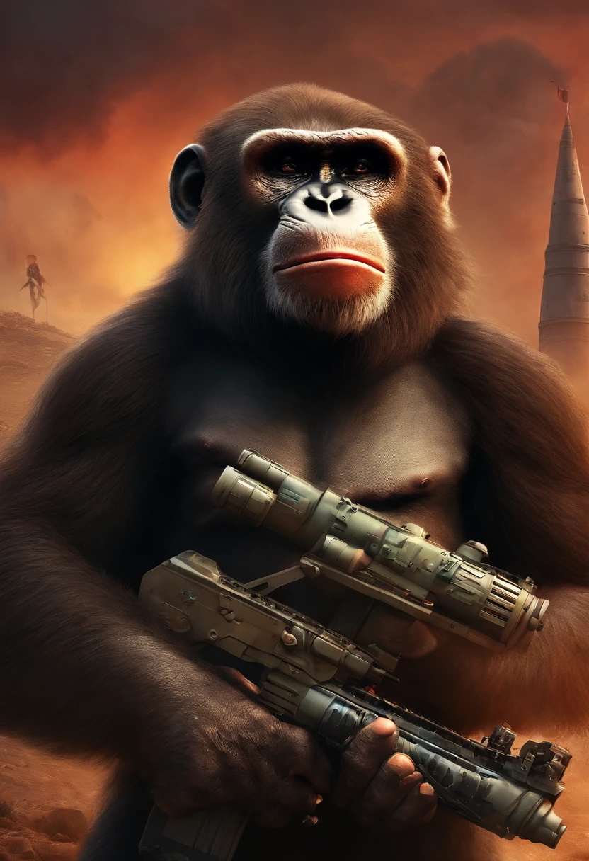 (PongoAbelii:1.1) Planet of the Orangutan, stands on building ruins, in military uniform (style by fking_scifi_v2:1)
