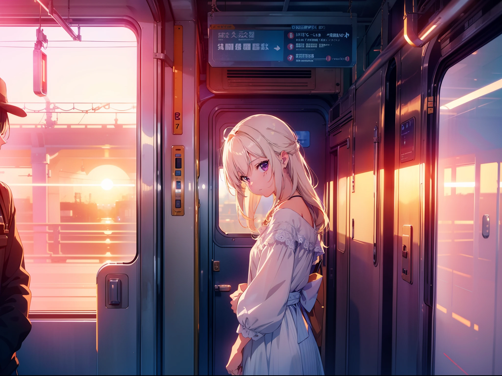 1 cute girl , in train, leaning against the door, looking away , cowboy shot , character focus, (cinematic angle), cinematic lighting, sunset, high resolution ,(incredibly absurdres) ,extremely detailed CG unity 8k wallpaper, ((masterpiece)), ((top-quality)), (beautiful illustration), ((an extremely delicate and beautiful))