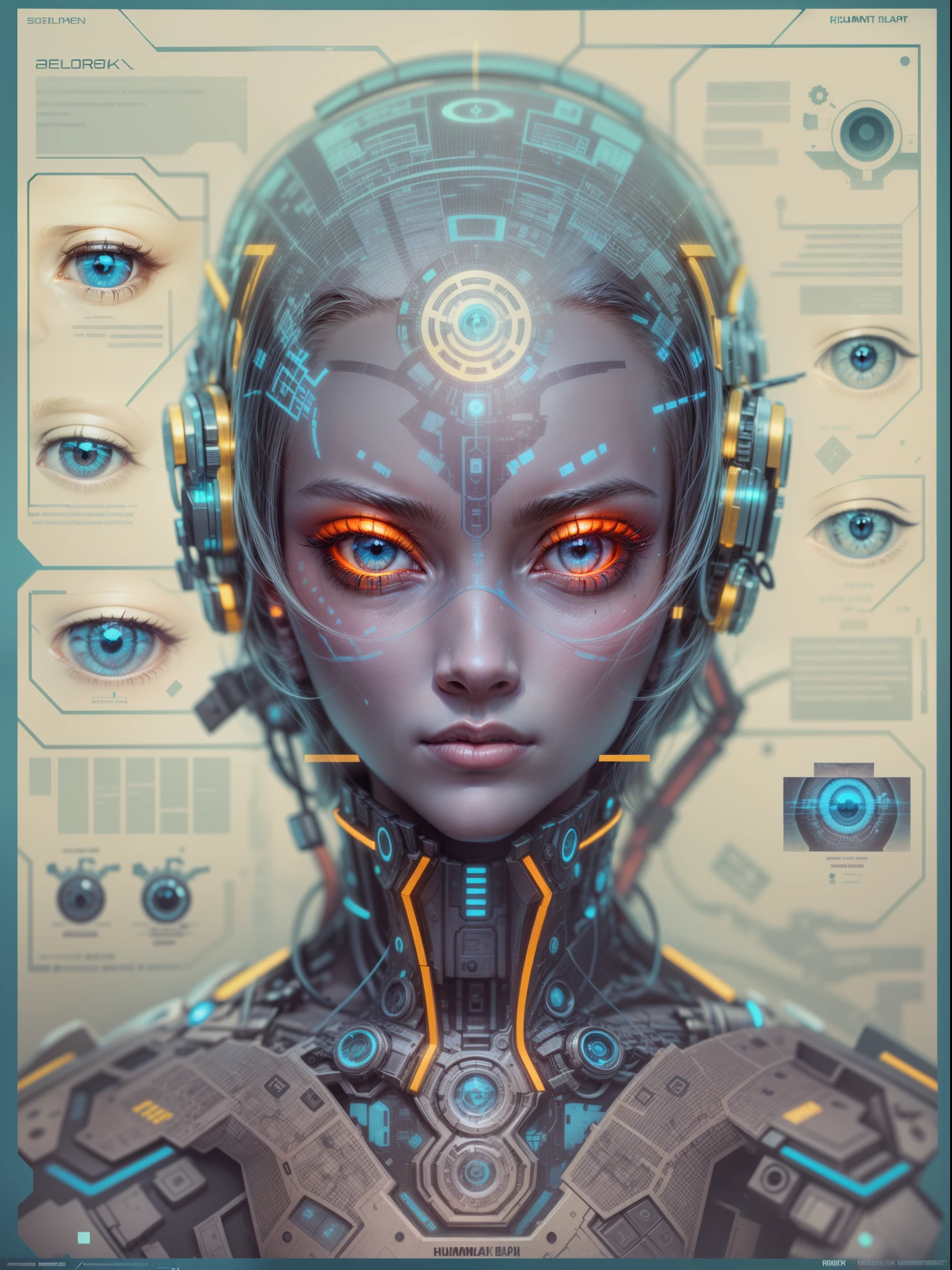 Cyberpunk humanbot eyes, humanbots eyes blueprint map, 24K resolution, 3D eyes blueprint map, realistic detailed portrait, masterpiece collection, octane rendered
