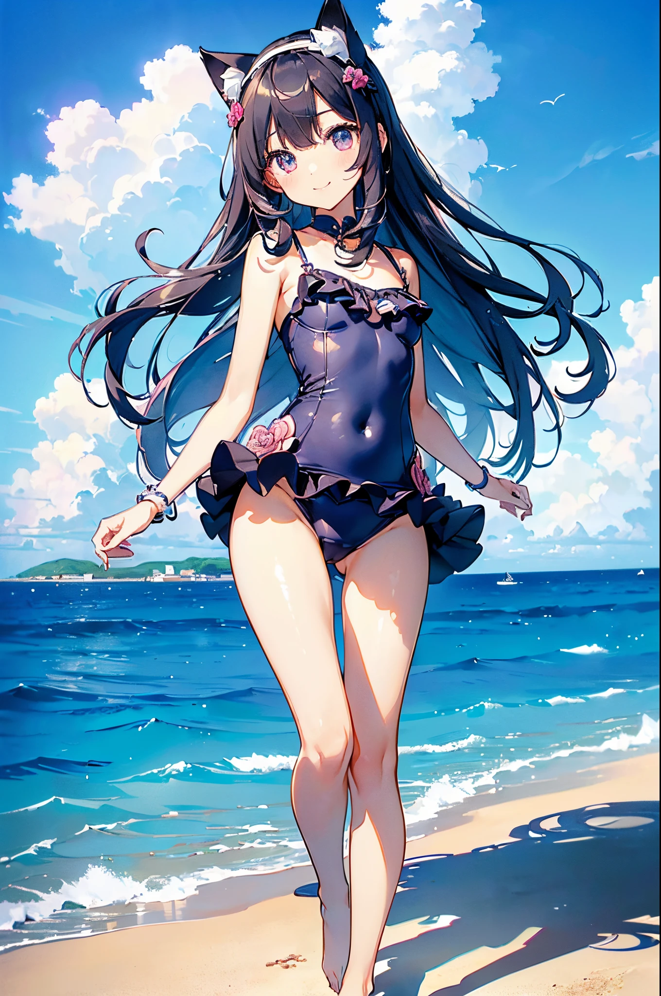 ((2D Beautiful Girl、top-quality、perfect fingers:1.1、perfect anatomia:1.1、Perfect outfit、face perfect:1.1、Beautiful illustration))、cute it girl、(transform sequence)、((cute decorative headband、pretty swimsuit)、12yold、Solhime、Fractal Art、baby-face、rightg hair))、(Slender and beautiful legs)、Beautiful big drooping eyes、(full body photographed、Zoom out and shoot)、((1人))、Blue sky and sea background、cat ear、Standing facing the front、a smile