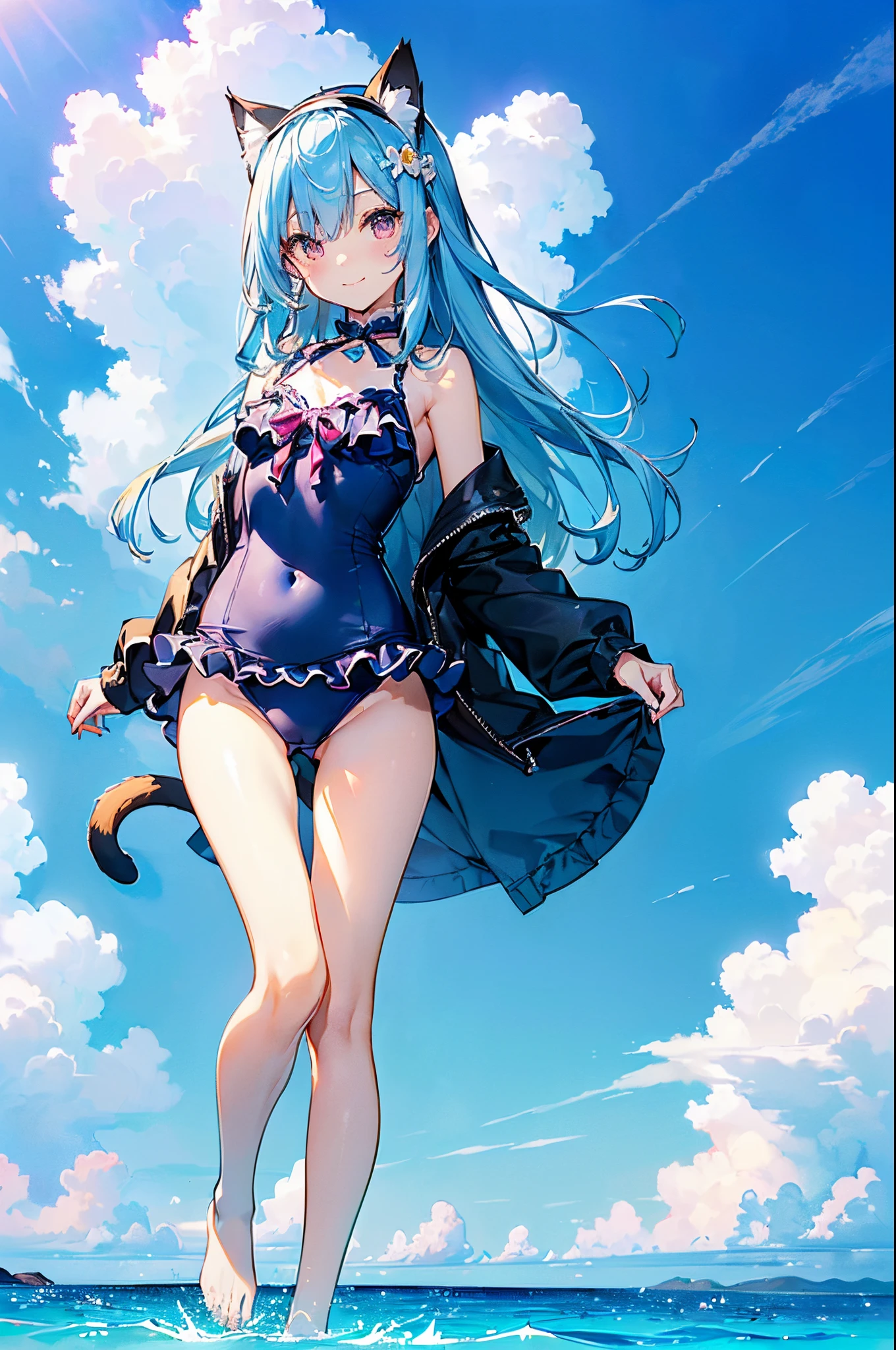 ((2D Beautiful Girl、top-quality、perfect fingers:1.1、perfect anatomia:1.1、Perfect outfit、face perfect:1.1、Beautiful illustration))、cute it girl、(transform sequence)、((cute decorative headband、pretty swimsuit)、12yold、Solhime、Fractal Art、baby-face、rightg hair))、(Slender and beautiful legs)、Beautiful big drooping eyes、(full body photographed、Zoom out and shoot)、((1人))、Blue sky and sea background、cat ear、Standing facing the front、a smile