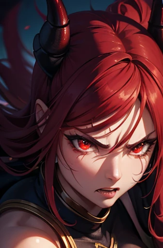 A Hyperrealistic, Full body, Close up,  Female Demon warrior at hell, Perfect Body, Perfect Face, Angry, detailed and Intrincated, HD