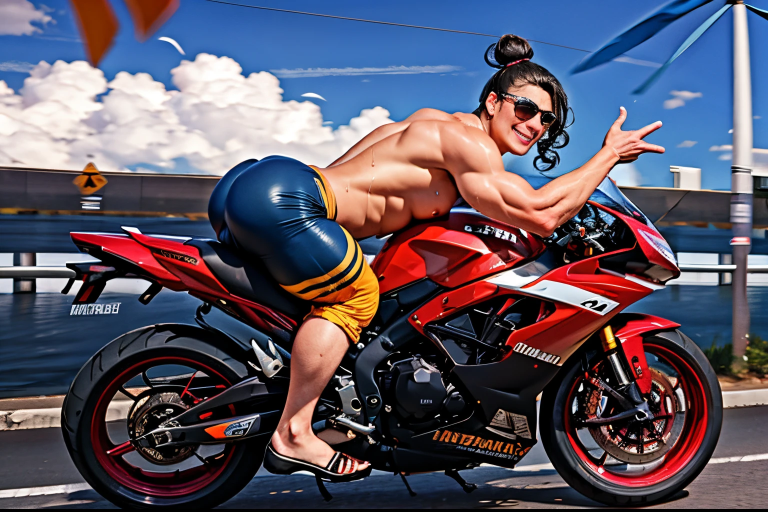 (1boy), NSFW, full body, (girly boy), (bishounen), androgynous, (((muscular))), (((muscular male))), curvy, plump, tan, dark skin, strongman waist, bara, {manly}, (((fabulous))), shaka sign, motorcycle, on motorcycle, riding, >:), smile, arched back, (((((road))))), (((speed lines))), (((motion lines))), (((motion blur))), (((wind))), (((floating hair))), drifting, shore, blurry background, black hair, (curly hair), short hair, tied hair, hair bun, topknot, chonmage, sidelocks, ringlets, long bangs, wide face, puffy cheeks, huge eyebrows, unibrow, amber eyes, long nose, big nose, freckles, body freckles, long eyelashes, eyeliner, fat mons, (((huge thighs))), (((((bulge))))), (((huge ass))), thick lips, sweat, (((flat chest))), (((large pectorals))), (((manboobs))), sanpaku, broad shoulders, abs, obliques, love handles, {belly}, (butt crack), ass peek, no shirt, shorts, flip flops, sports sunglasses, headband, tight clothes