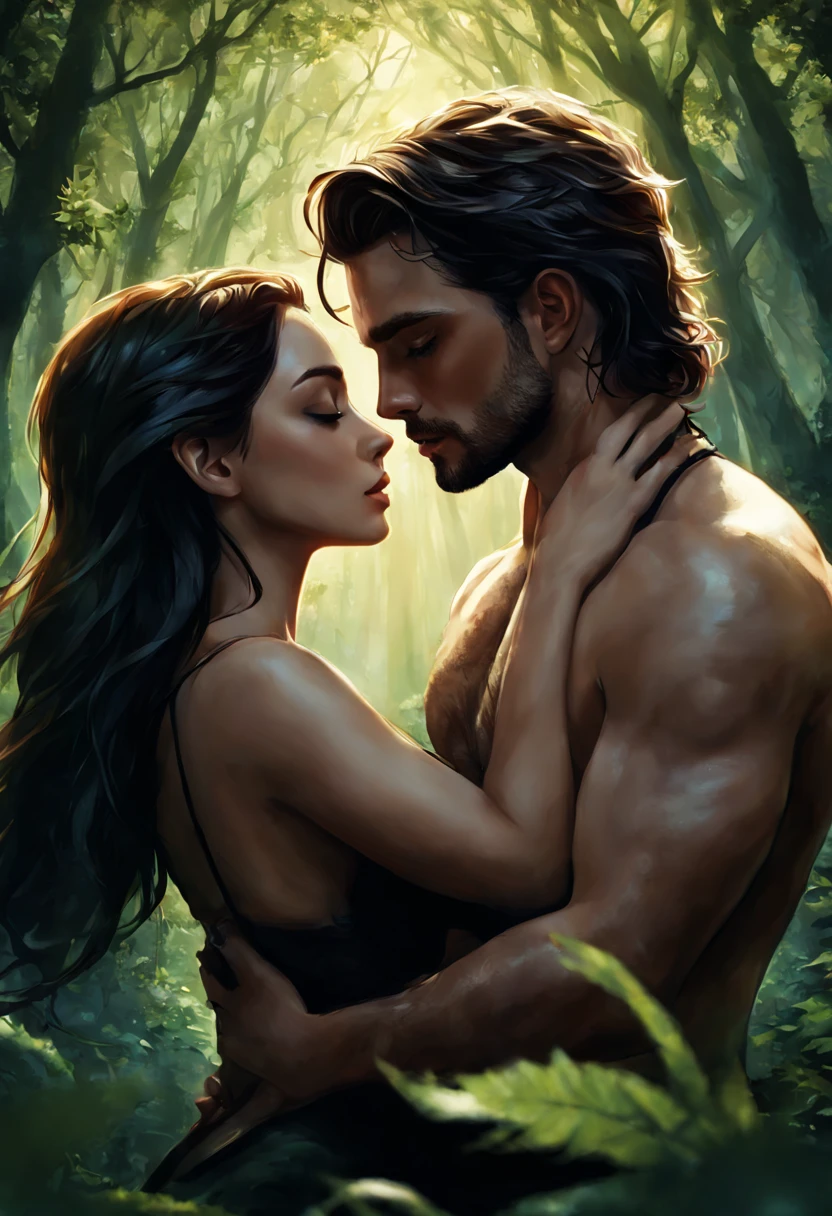 fantasy illustration of a captivatingly attractive duo, intertwined in an intensely intimate moment amidst the wild allure of nature, darkness . The man, surrendered in devotion. By Dreamer.