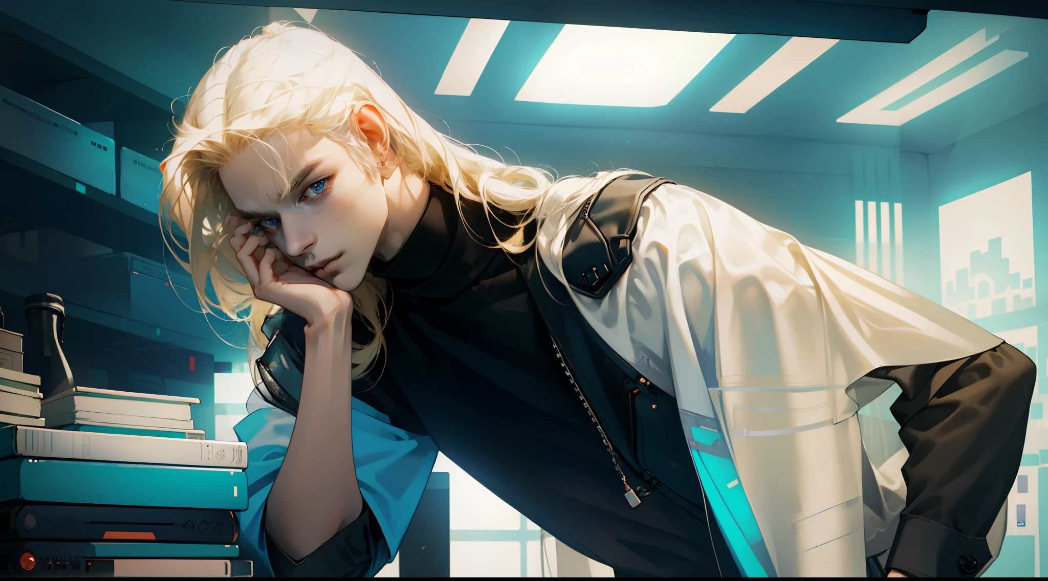 NSFW, tmasterpiece, beste-Qualit, Ultra-detailed, semi-realistic, Detailed facial features, 1male, looking aside, busy, blond, hairlong, eyeglasses, 詳細な目, Cyberpunk clothes, (Inside the blue and white room, in the lab, The White Room, brightly, looks at the monitor), wearing a black turtleneck, Neat hands, grown up, 4k