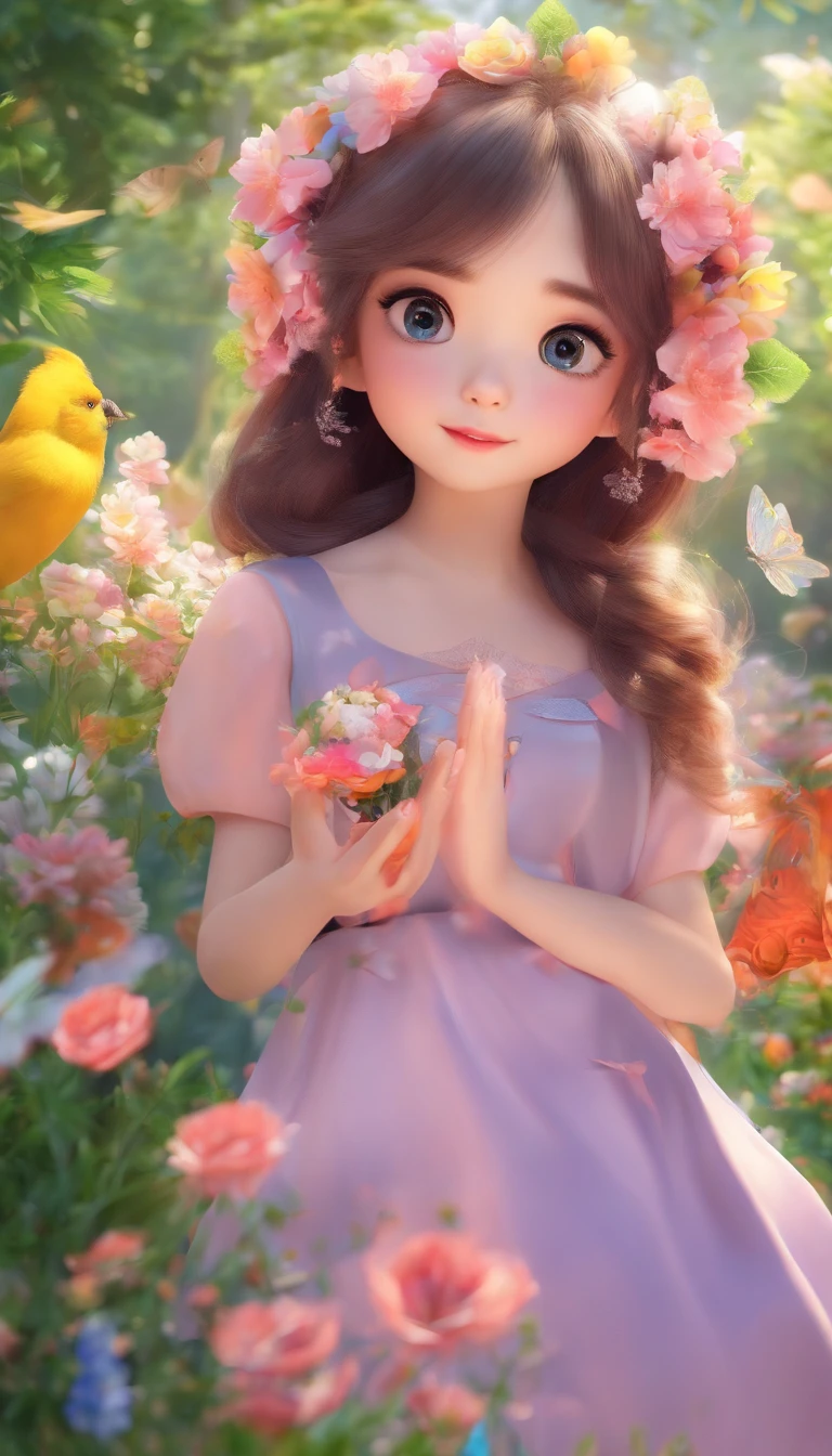 A girl in a blooming garden,beautiful detailed eyes, beautiful detailed lips, extremely detailed face, long eyelashes, medium:oil painting, vibrant colors, soft lighting, spring scenery, flowers, butterflies, birds chirping, (best quality, 4k, highres, masterpiece:1.2), ultra-detailed, realistic:1.37, vivid colors, bokeh