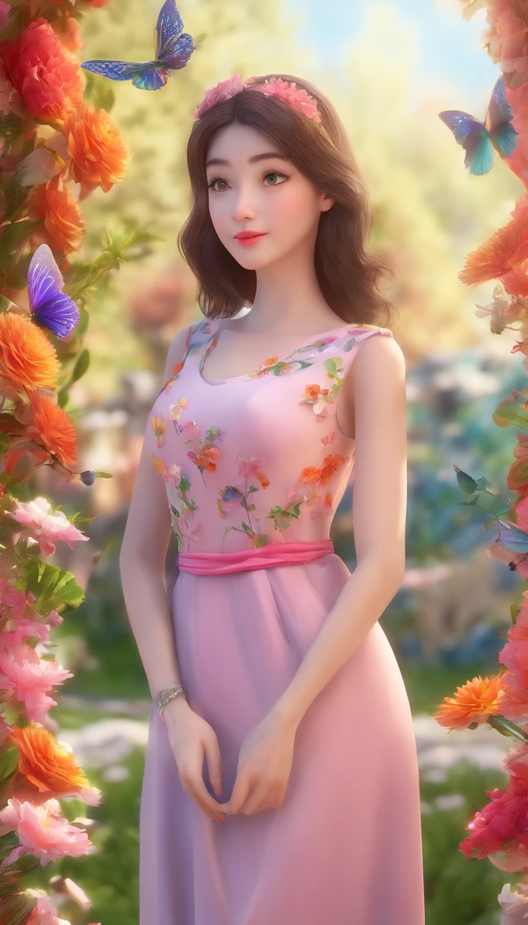 A girl in a blooming garden,beautiful detailed eyes, beautiful detailed lips, extremely detailed face, long eyelashes, medium:oil painting, vibrant colors, soft lighting, spring scenery, flowers, butterflies, birds chirping, (best quality, 4k, highres, masterpiece:1.2), ultra-detailed, realistic:1.37, vivid colors, bokeh