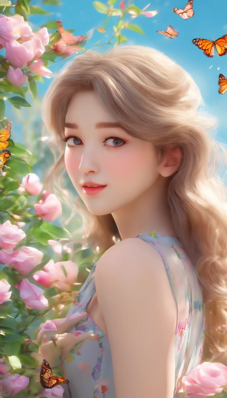 A girl in a blooming garden,beautiful detailed eyes, beautiful detailed lips, extremely detailed face, long eyelashes, medium:oil painting, vibrant colors, soft lighting, spring scenery, flowers, butterflies, birds chirping, (best quality, 4k, highres, masterpiece:1.2), ultra-detailed, realistic:1.37, vivid colors, bokeh