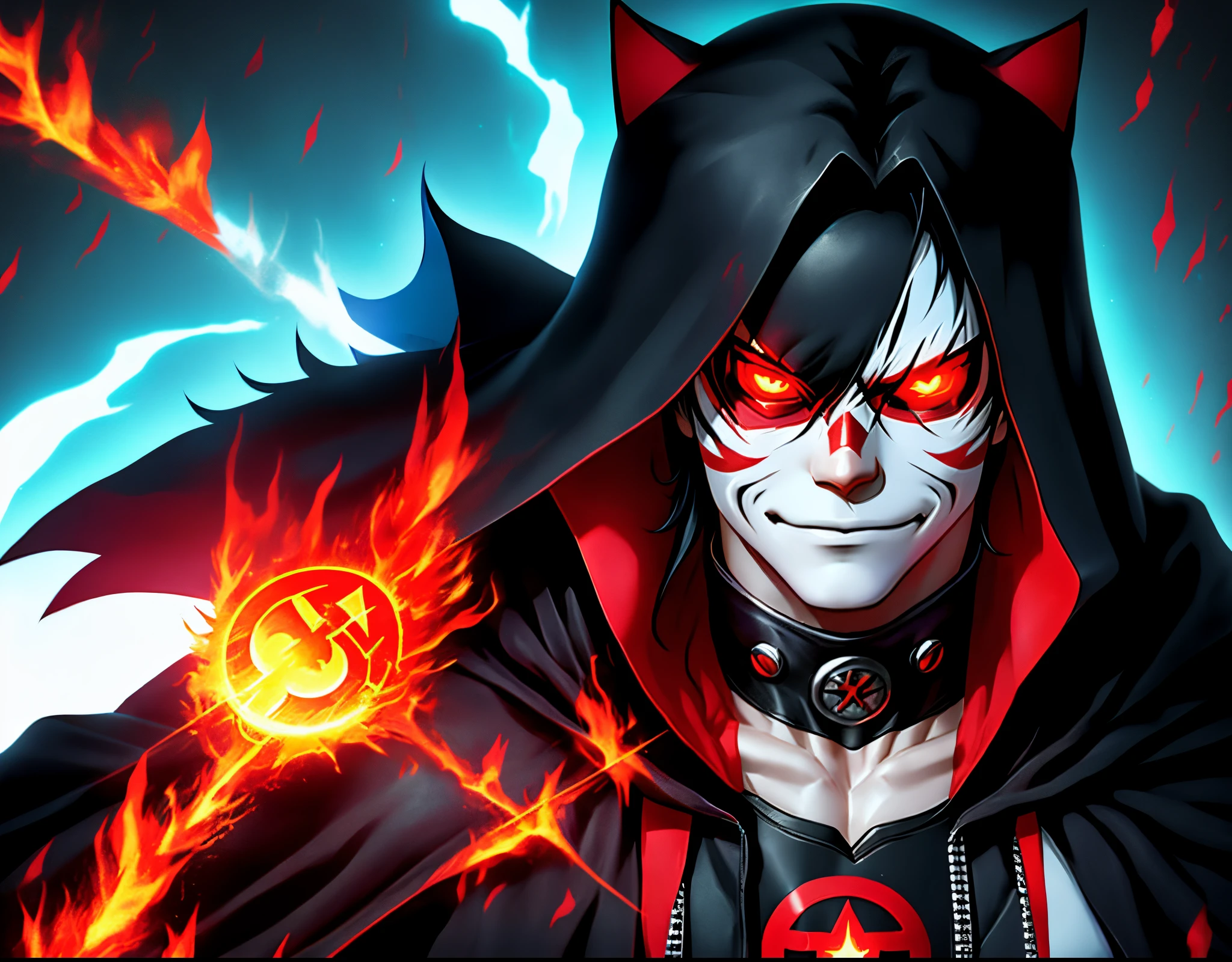 Teen Titans Red X, anime while looking like Sans in Undertale, small red flame on right eye, evil smile , 3D, black and furry cloak, hieroglyphic tattoos on face of skull