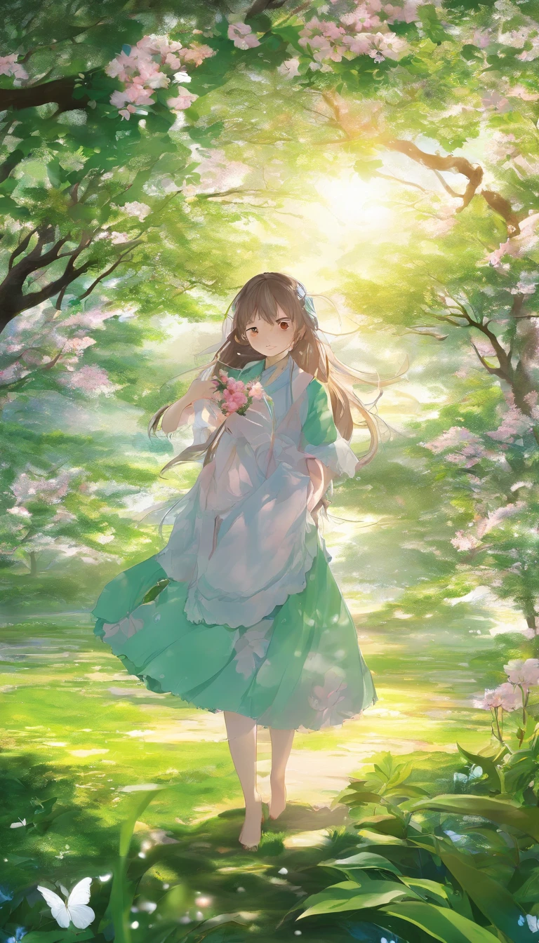 (best quality,4k,8k,highres,masterpiece:1.2),ultra-detailed,(realistic,photorealistic,photo-realistic:1.37),A girl in a garden,beautiful detailed eyes,beautiful detailed lips,extremely detailed eyes and face,longeyelashes,bright sunlight,soft breeze,colorful spring flowers,butterflies flying around,tall blooming cherry blossom trees,serene and tranquil atmosphere,natural beauty,joyful and carefree expression,vibrant colors,emerald green grass,lush foliage,golden sunbeams streaming through the trees,magical and dreamlike atmosphere,soft and warm sunlight casting long shadows.