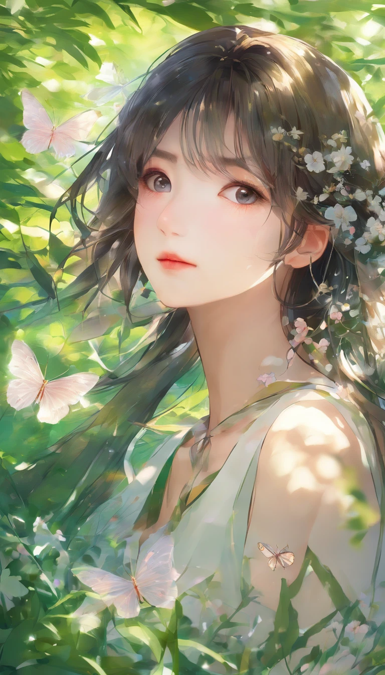 (best quality,4k,8k,highres,masterpiece:1.2),ultra-detailed,(realistic,photorealistic,photo-realistic:1.37),A girl in a garden,beautiful detailed eyes,beautiful detailed lips,extremely detailed eyes and face,longeyelashes,bright sunlight,soft breeze,colorful spring flowers,butterflies flying around,tall blooming cherry blossom trees,serene and tranquil atmosphere,natural beauty,joyful and carefree expression,vibrant colors,emerald green grass,lush foliage,golden sunbeams streaming through the trees,magical and dreamlike atmosphere,soft and warm sunlight casting long shadows.