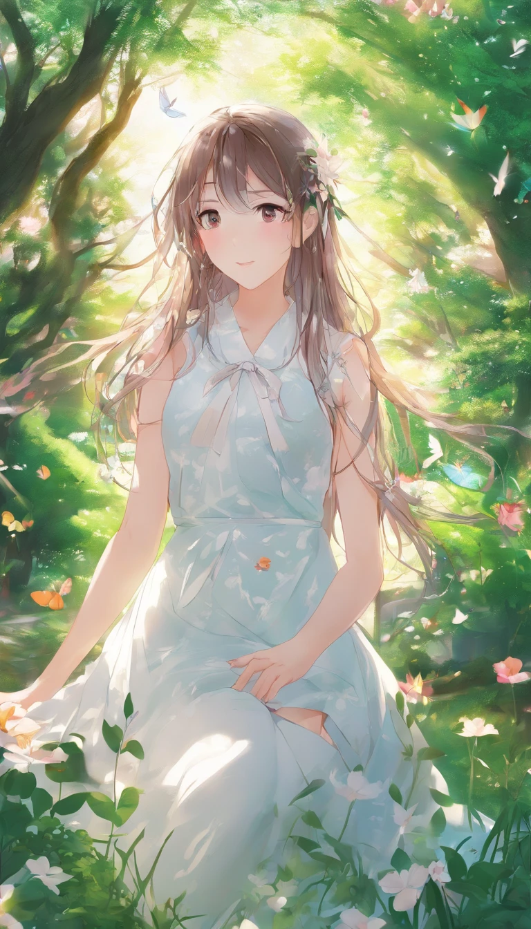 (best quality,4k,8k,highres,masterpiece:1.2),ultra-detailed,(realistic,photorealistic,photo-realistic:1.37),A girl in a garden,beautiful detailed eyes,beautiful detailed lips,extremely detailed eyes and face,longeyelashes,bright sunlight,soft breeze,colorful spring flowers,butterflies flying around,tall blooming cherry blossom trees,serene and tranquil atmosphere,natural beauty,joyful and carefree expression,vibrant colors,emerald green grass,lush foliage,golden sunbeams streaming through the trees,magical and dreamlike atmosphere,soft and warm sunlight casting long shadows.
