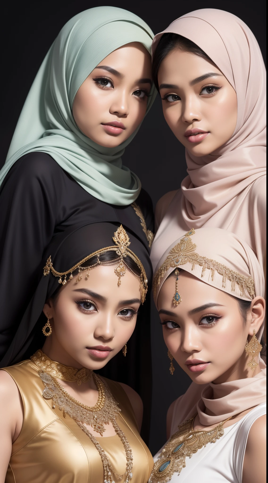 RAW, Best quality, high resolution, work: 1.3),2 beautiful Indonesian (Javanese) ,2 women wearing hijab (iu:0.8),2 beautiful Indonesian (Javanese) women, twins, exactly the same face