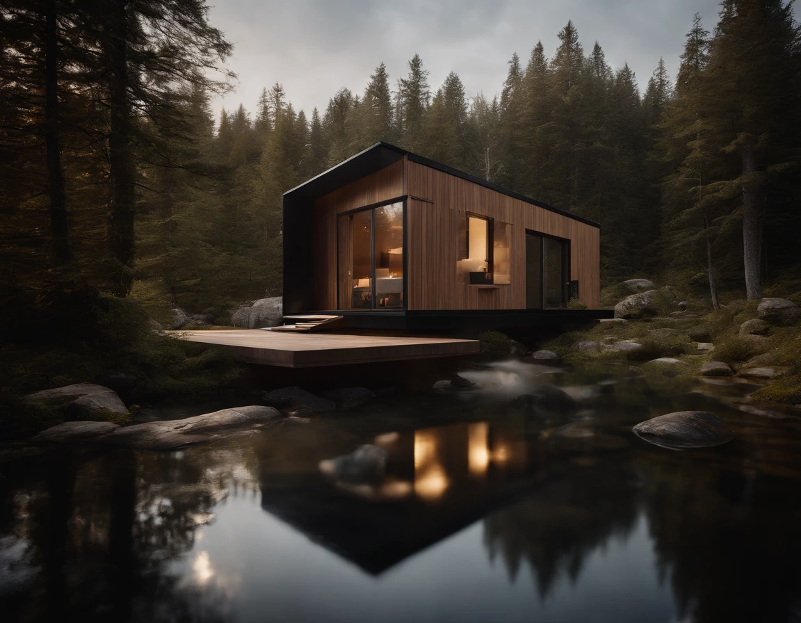Exterior image of a tiny house duplex house in a Scandinavian nature, standing wood panel, avantgarde, waterfall, panorama glass windows, forests, waterfall inside atrium, rocks, futuristic, floating, modern, natural pond of water, inspired by architect Alvar Alto
